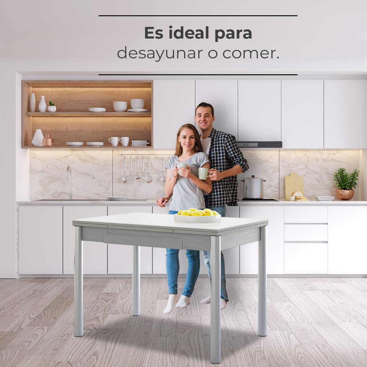 Astimesa - Mesa de Cocina Extensible - Estructura Aluminio - Color Blanco - Ideal para Espacios Pequeños - Medidas: 90 x 50 cm - Extensible: 140 x 50 cm