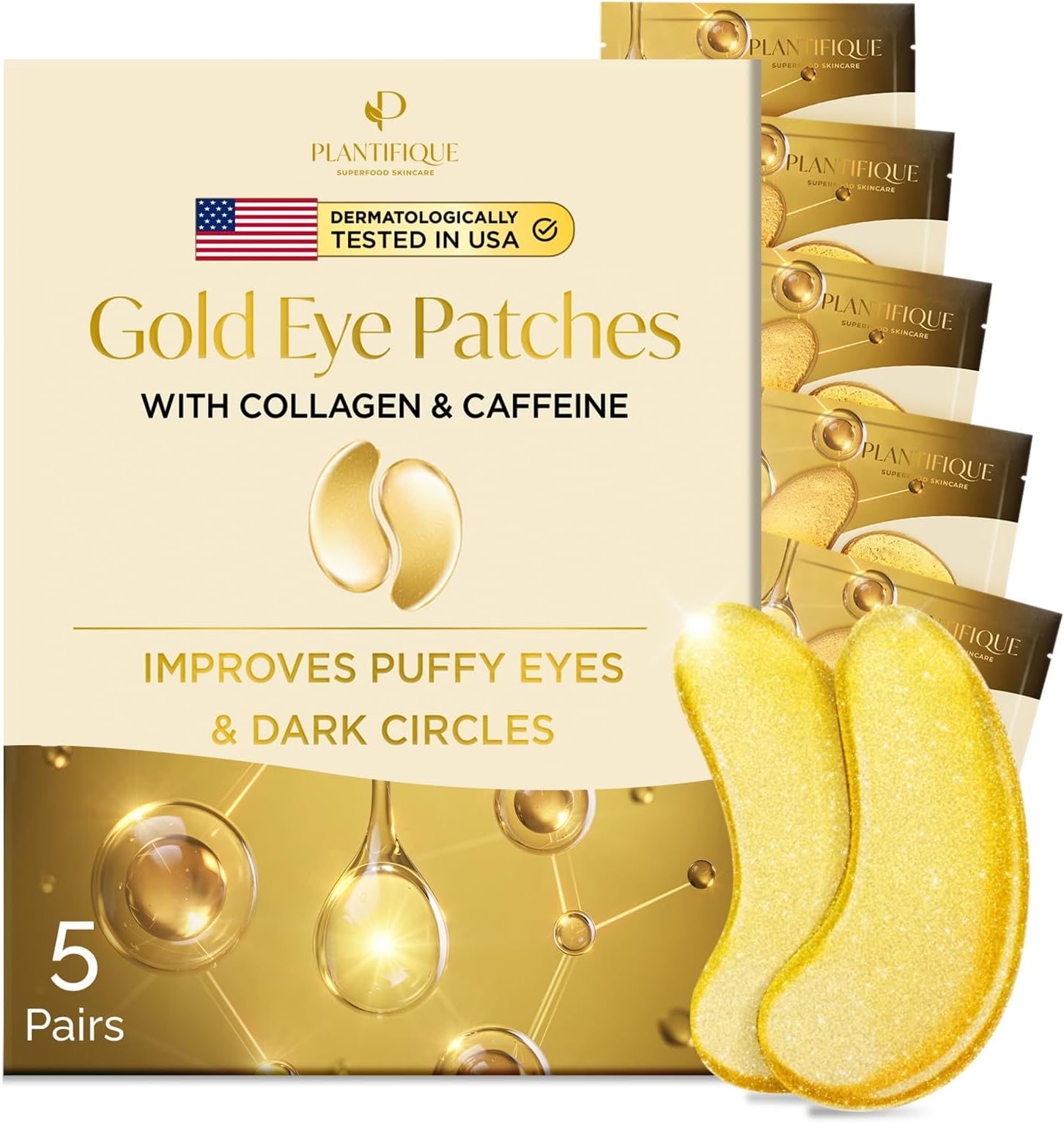 Plantifique 24K Gold Under Eye Gel Patches - Dermatologist Tested - 5 Pairs Collagen & Hyaluronic Acid Eye Masks for Dark Circles & Puffiness