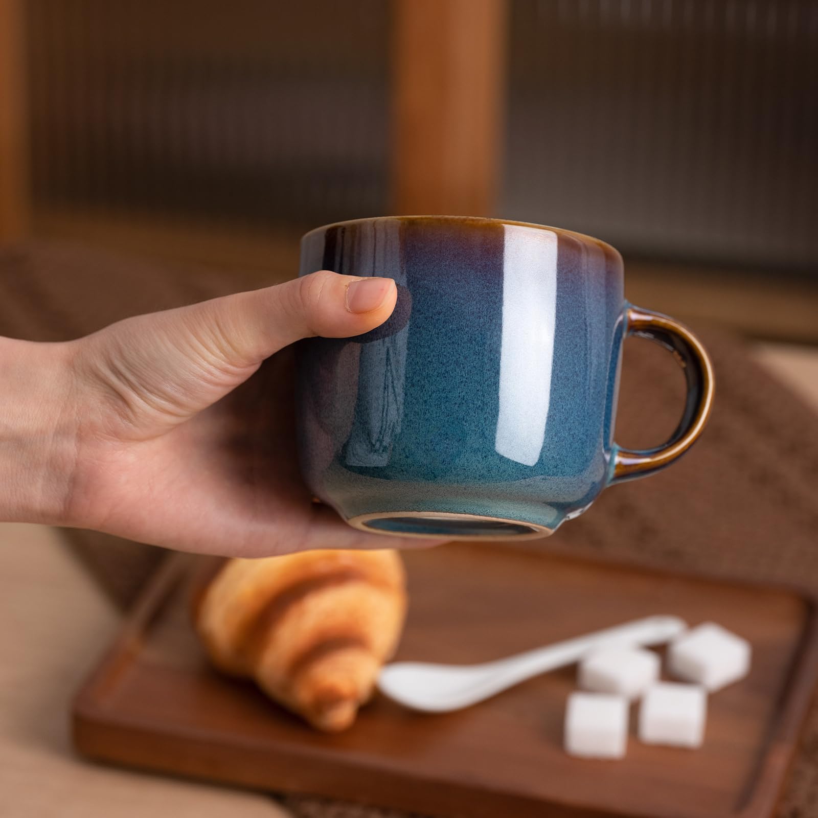Kaffeebecher 6 Teilig, Keramik Tassen Teetasse für 6 Set, Multifunktional, Spülmaschinen Mikrowellenfest, Coffee Mug, Kaffeetassen 360 ml Blau Kaffee Becher