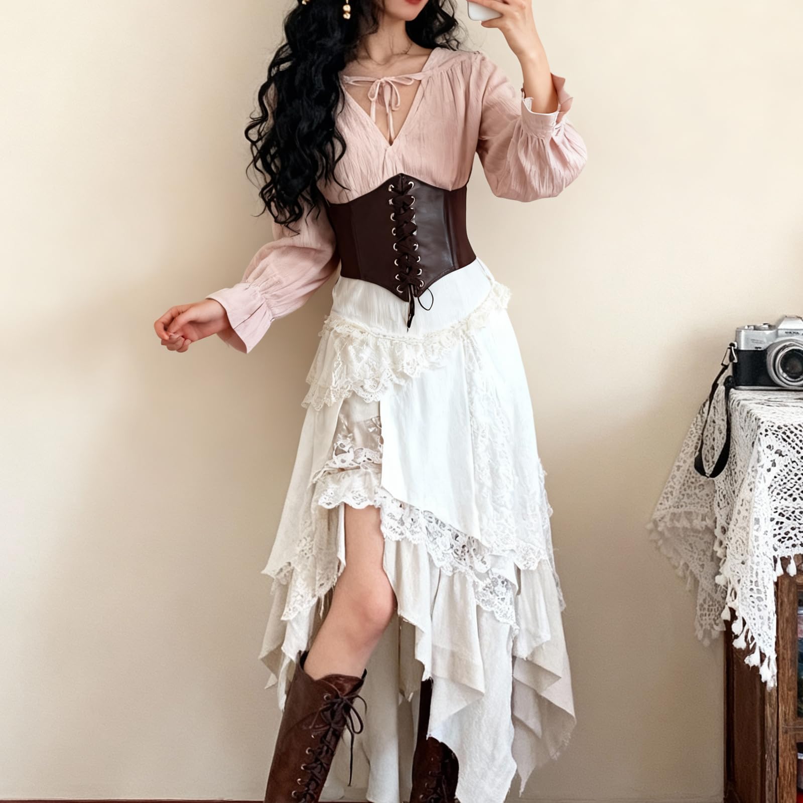 Gorset damski pod biustem, 2 sztuki, kostium piracki, z regulowanym zapięciem, elastycznym paskiem w talii i wzmocnionymi szwami, gorset idealny do kostiumu pirackiego, cosplay, Halloween