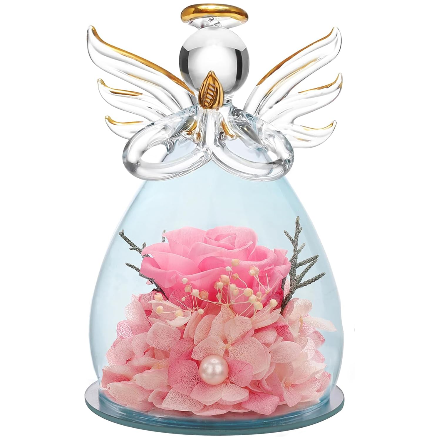ANLUNOB Preserved Rose Birthday Gifts for Women Mom Grandma Wife, Glass Angel Figurines Gifts with Pretty Pink Flowers for Anniversary Wedding