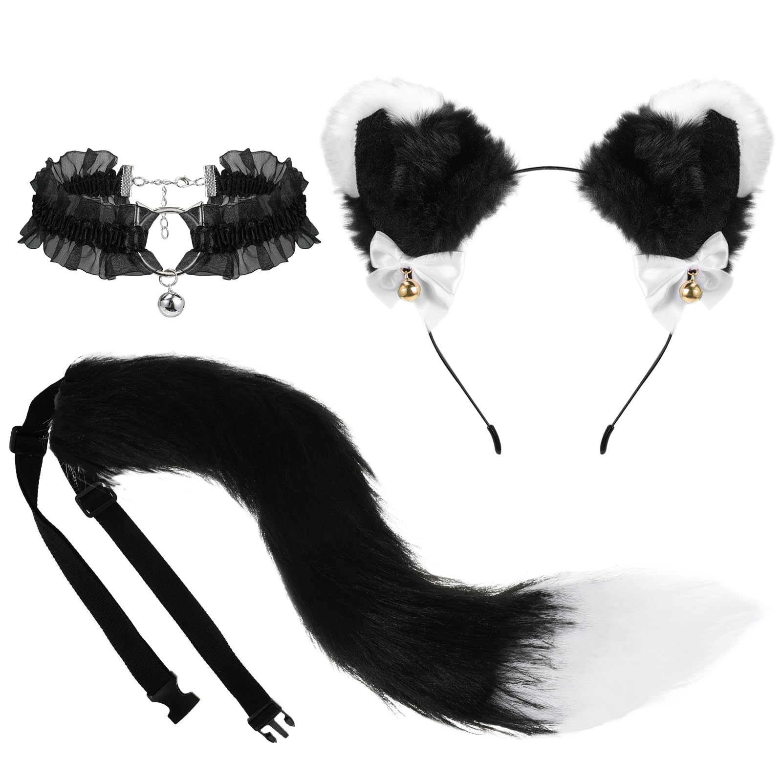 XEPST Faux Fur Cat Ears and Tail Set - Cat Cosplay Costumes Accessories Kit with Black Ears Headband, Bell Choker and Tail for Role Play Party Costume