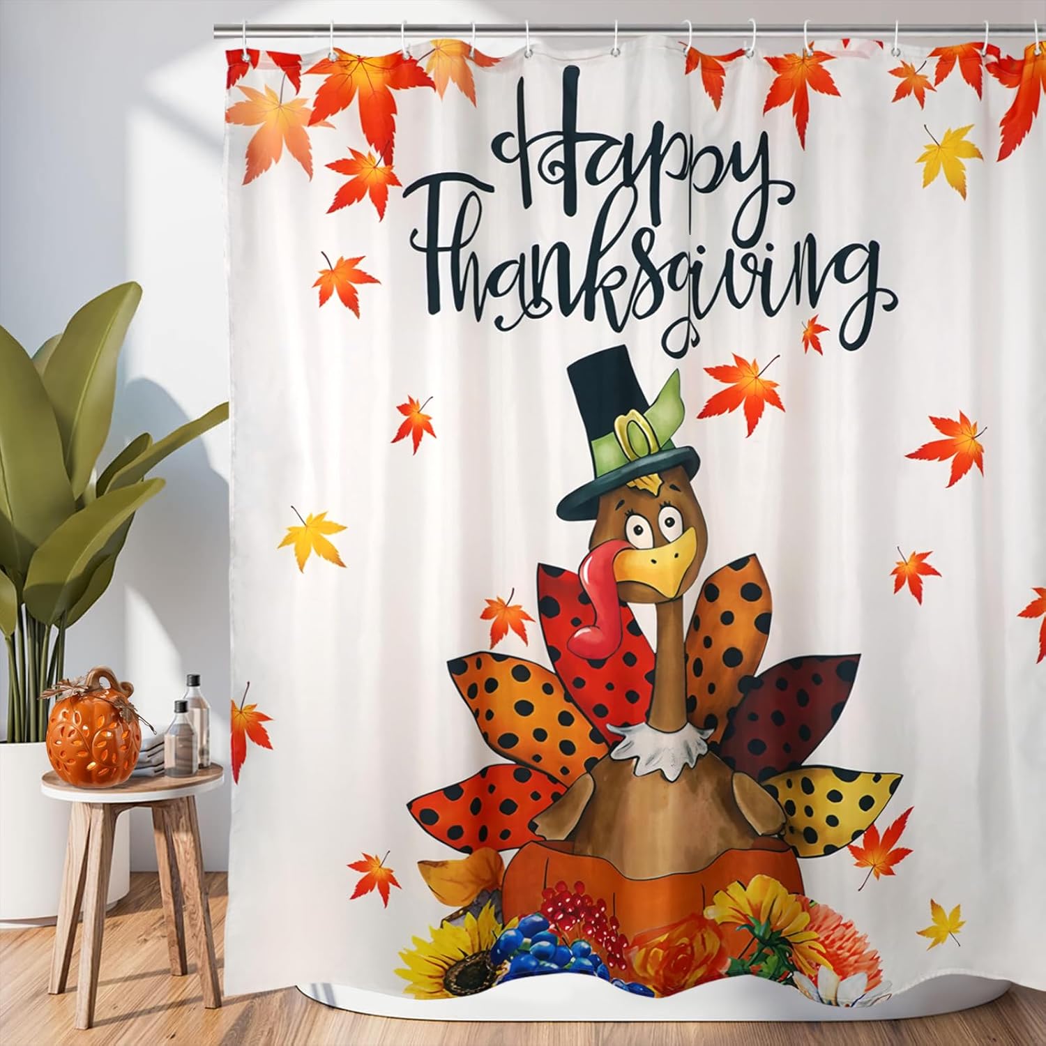 Fall Shower Curtain, Autumn Thanksgiving Shower Curtains Fall Leaves Turkey Shower Curtains for Bathroom 72"x72" with 12 Hooks