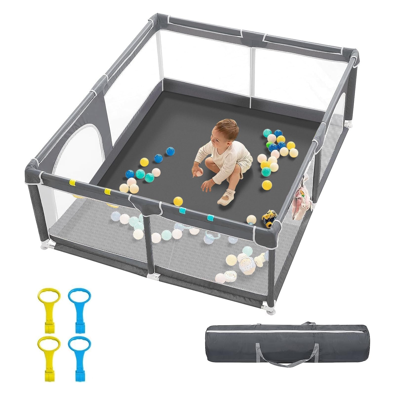 derimkcoa Laufstall Baby,Laufgitter Baby,Kinderzaun mit Atmungsaktivem Netz,Tragbarer Laufstall für Drinnen und Draußen(150x180x66cm,Grau)