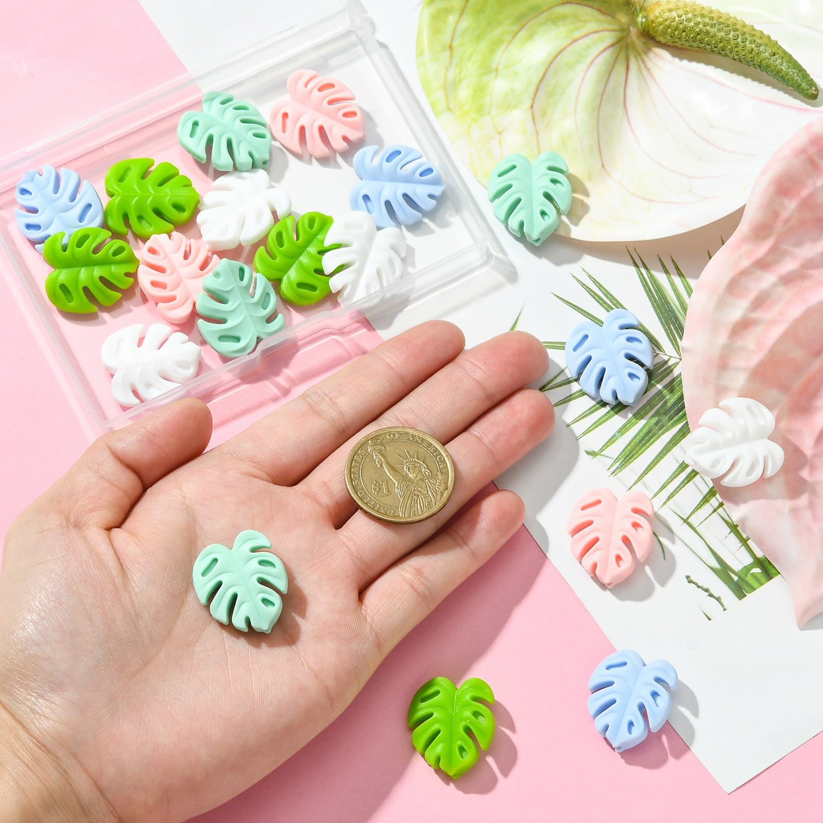 UR URLIFEHALL 20 Pcs 5 Colours Silicone Beads Leaf Silicone Focal Beads Monstera Leaf Beads Loose Spacer Beads for Pens Jewellery Making - Image 4