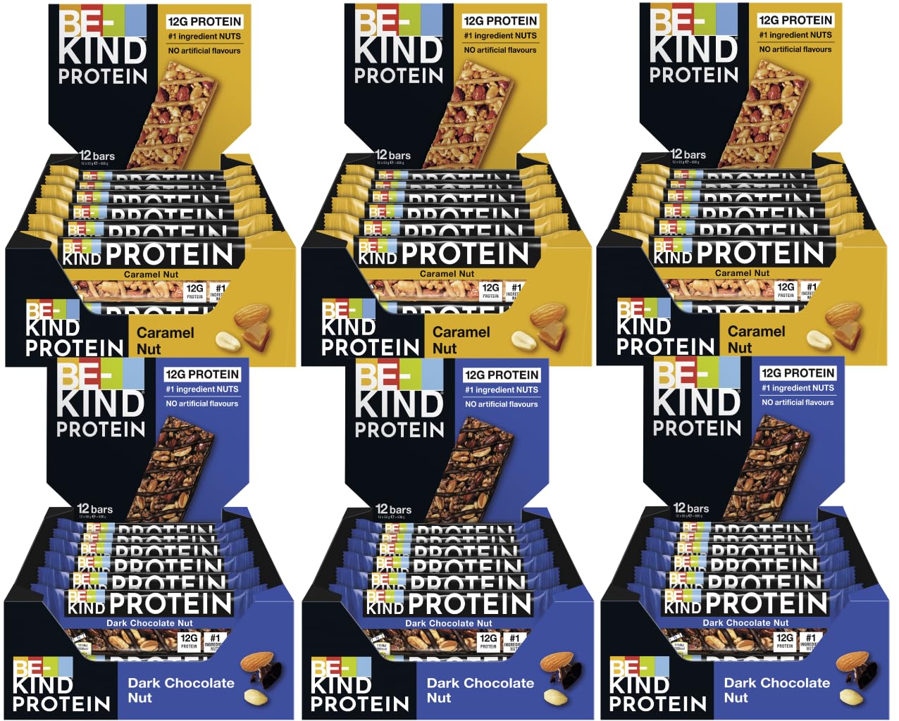 BE-KIND Protein 3x Dark Chocolate Nut 12x50g & BE-KIND Protein 3x Caramel Nut 12x50g I Proteinriegel I Schokoriegel I Sportriegel I Glutenfrei I Glutenfreie Riegel