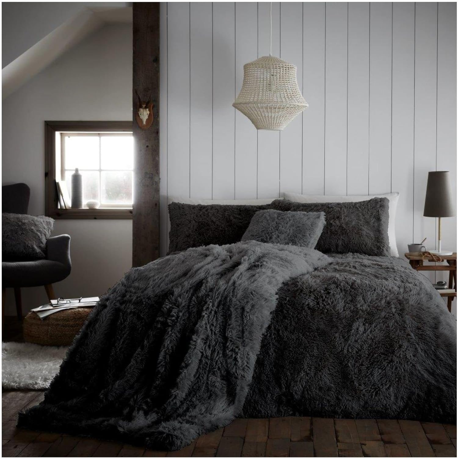 Teddy Bear Cuddles Fleece Duvet Quilt Cover With Matching Shaggy Fluffy Pillowcase Thermal Warm and Cosy Sherpa Hug & Snug Fuzzy Faux Fur Easy Super Soft Bedding Sets (Charcoal, Single) — image 1