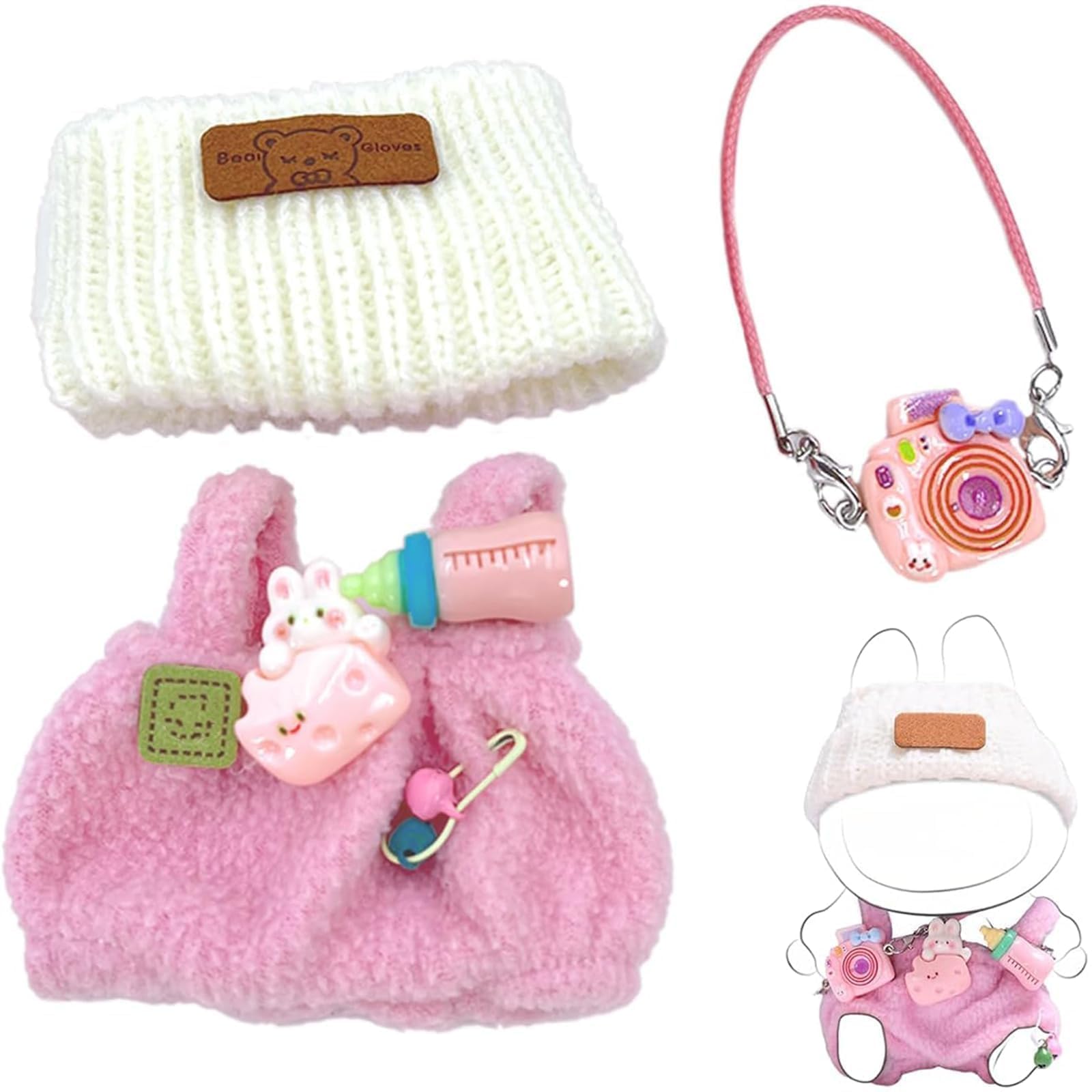 17cm Doll Clothes, 3 Piece Doll Outfit Set with Hat & Accessories, Clothing for 17 cm Doll Plush, Chic Style Set for Generations 1/2/3 Doll (Pink)