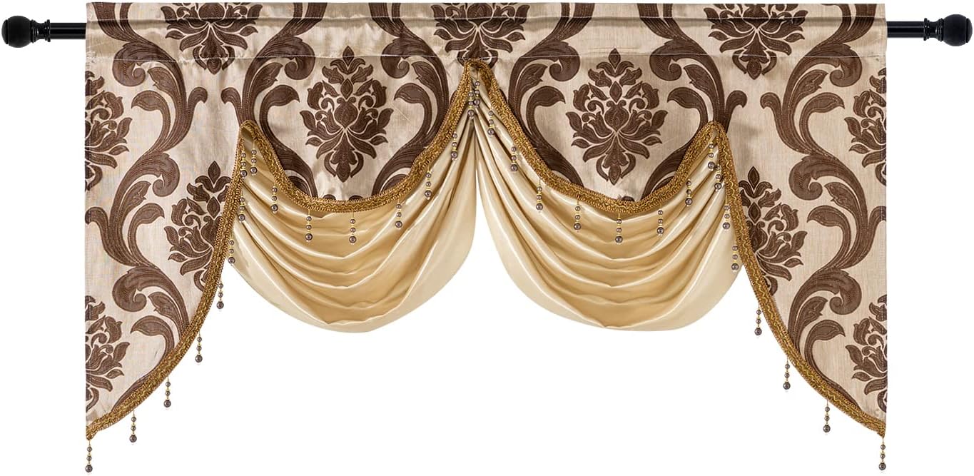 NAPEARL Swag Curtain Rod Pocket Short Jacquard Valance for Living Room Waterfall Valance Fancy Design with Satin Fabric Decoration