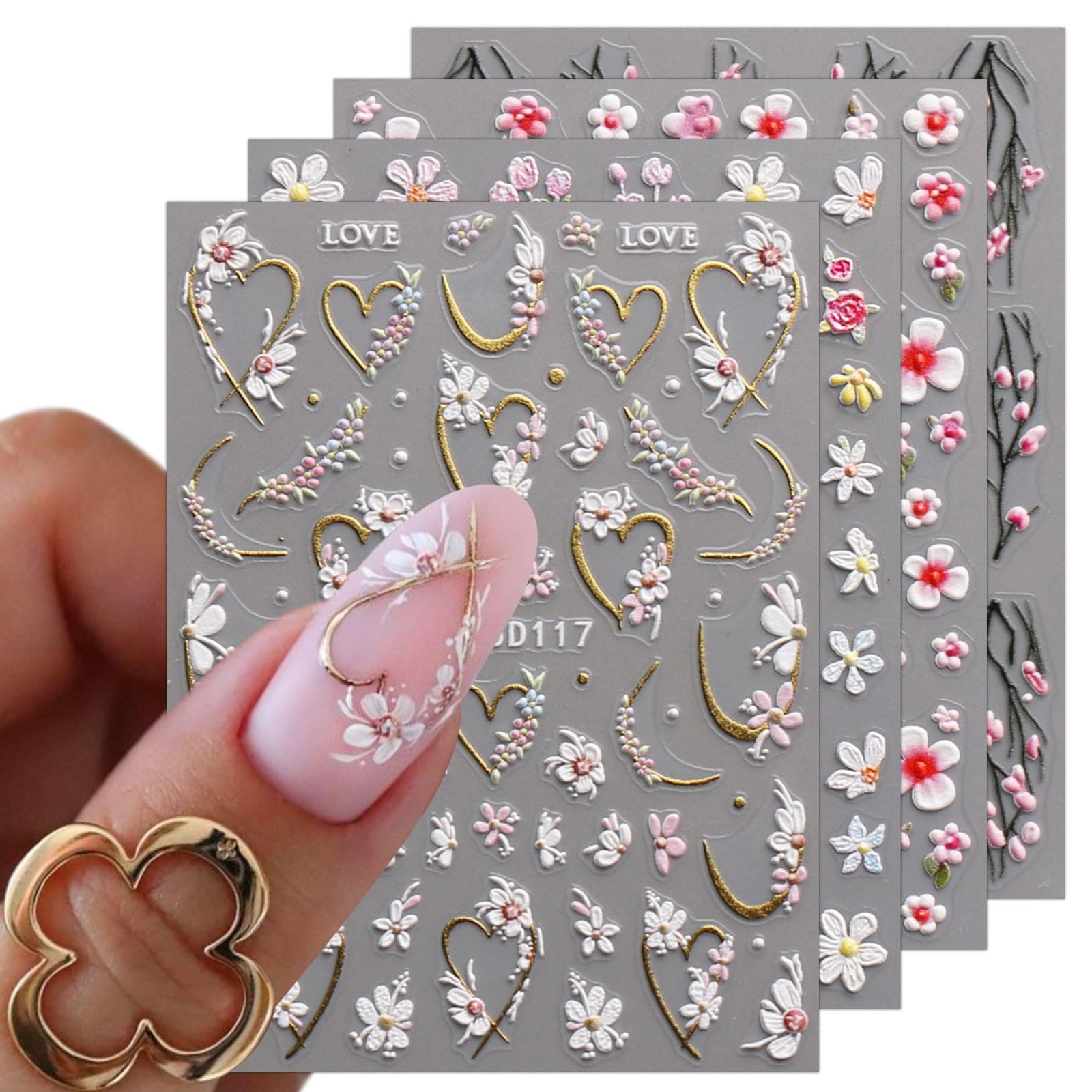 JMEOWIO 3D Embossed Flower Nail Art Stickers Decals Self-Adhesive 5D Spring Summer Floral Nail Supplies Nail Art Design Decoration Accessories 4