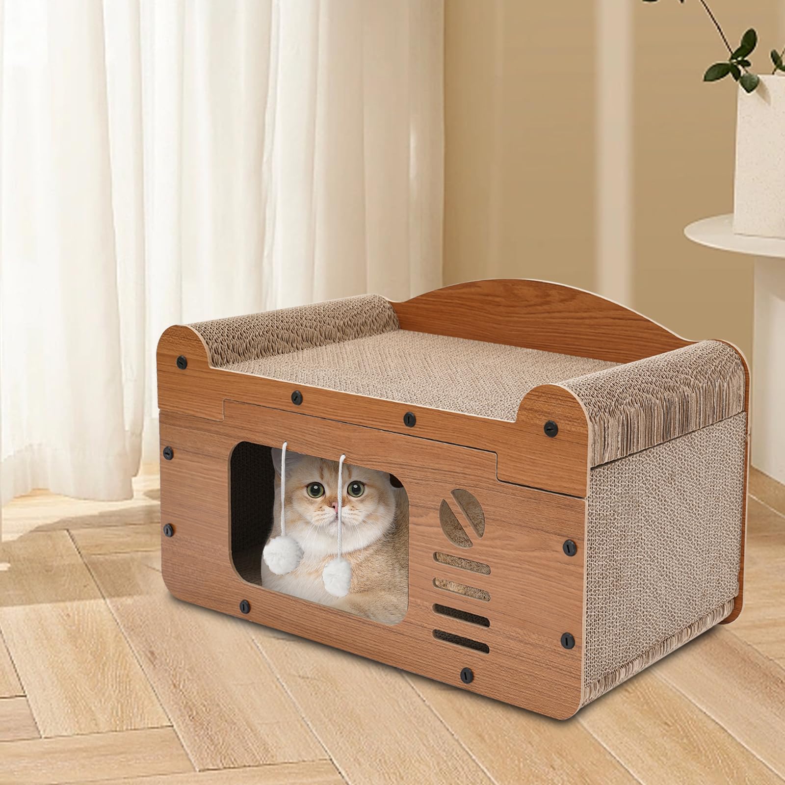 Tiragraffi per gatti, cuccia per gatti con tiragraffi, letto per gatti a 2 piani con palla da gioco, casetta per gatti in cartone, tiragraffi per gatti, giocattolo durevole per gatti, 56 x 30 x 32 cm
