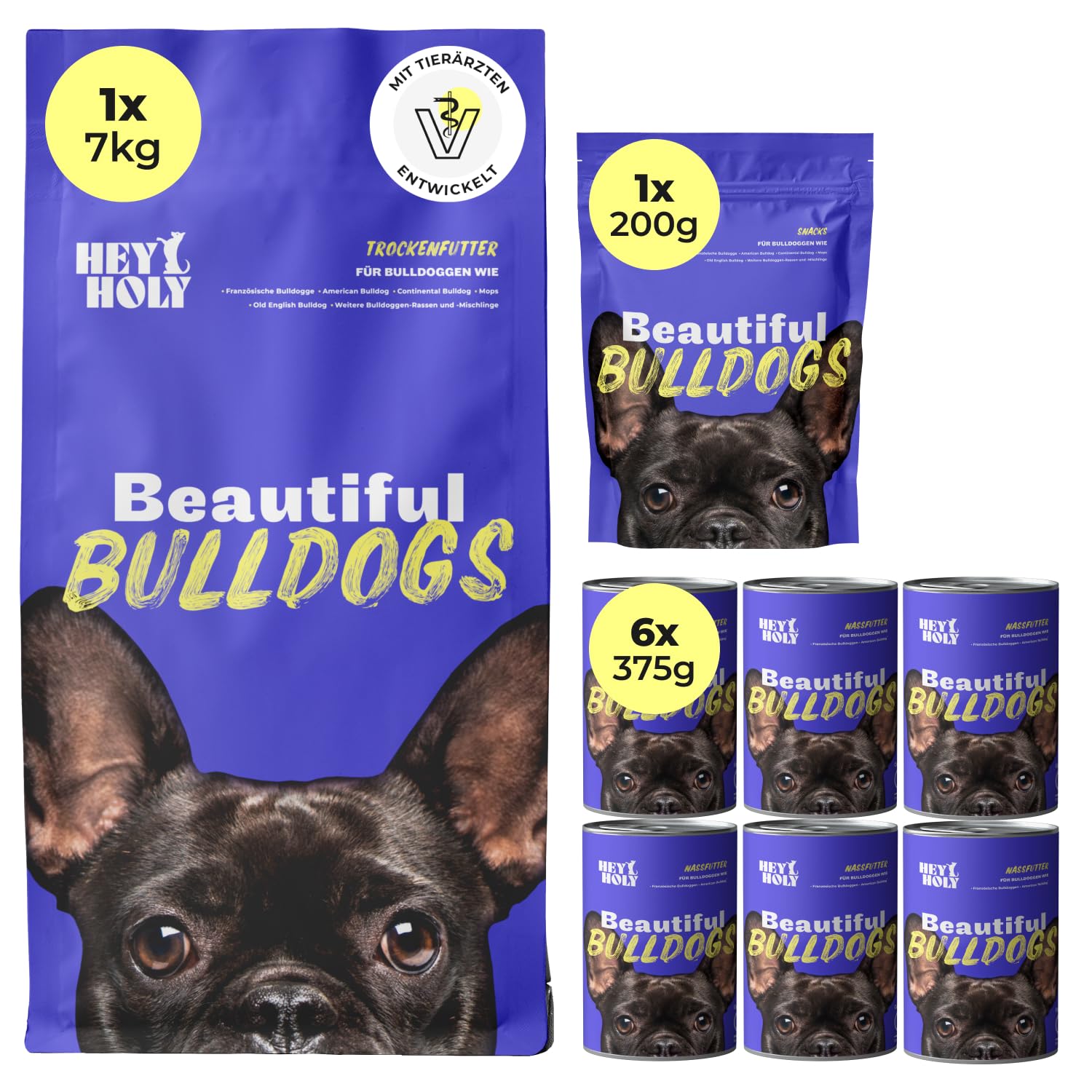 HEY HOLY Set 7 kg Premium Trockenfutter, 6 x 375 g Nassfutter & 1 x 200 g Snacks für Bulldoggen | 100% hypoallergen & getreidefrei | Hundefutter & Leckerlis für ausgewachsene Bulldoggen mit Lachs
