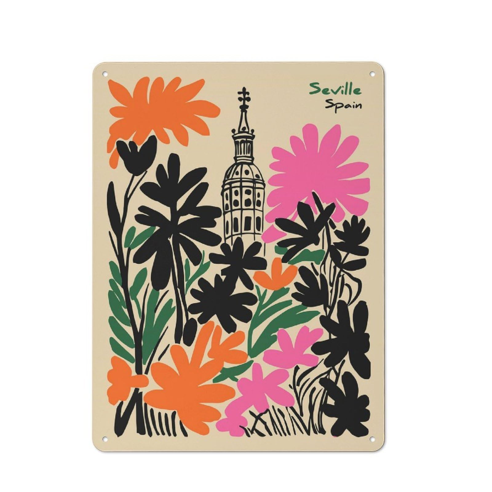 Junmoney Style-6 Vintage Metal Plaque 40X30cm Featuring Seville Spain Floral Illustration For Home Bar Wall, A Metal Wall Feature For Home Bars And Entertaining Spaces