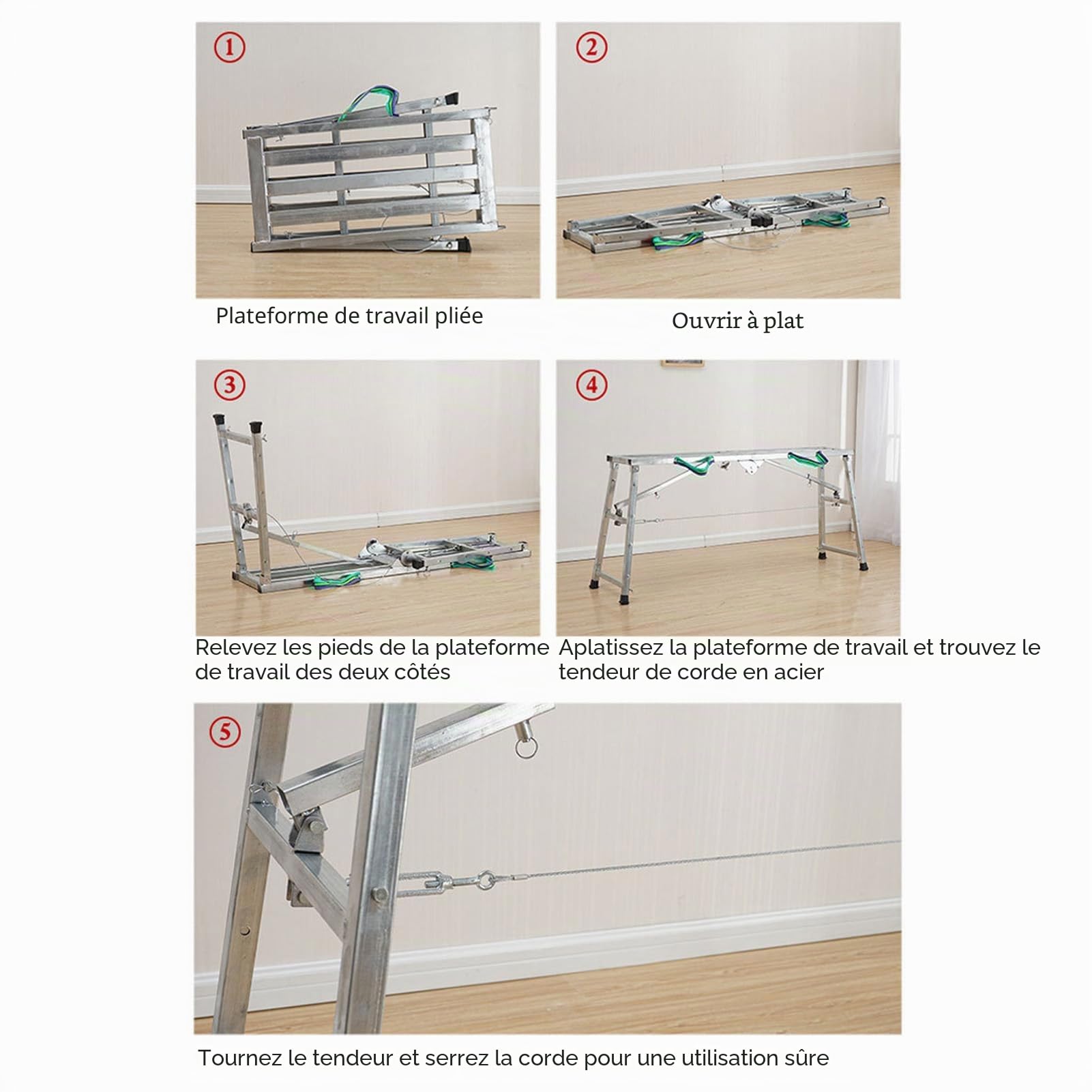 Ausla Plateforme de travail pliable réglable, structure en aluminium, banc d'échelle, pour cloisons sèches, capacité de maximale 200 kg, hauteur réglable 60 à 90 cm,