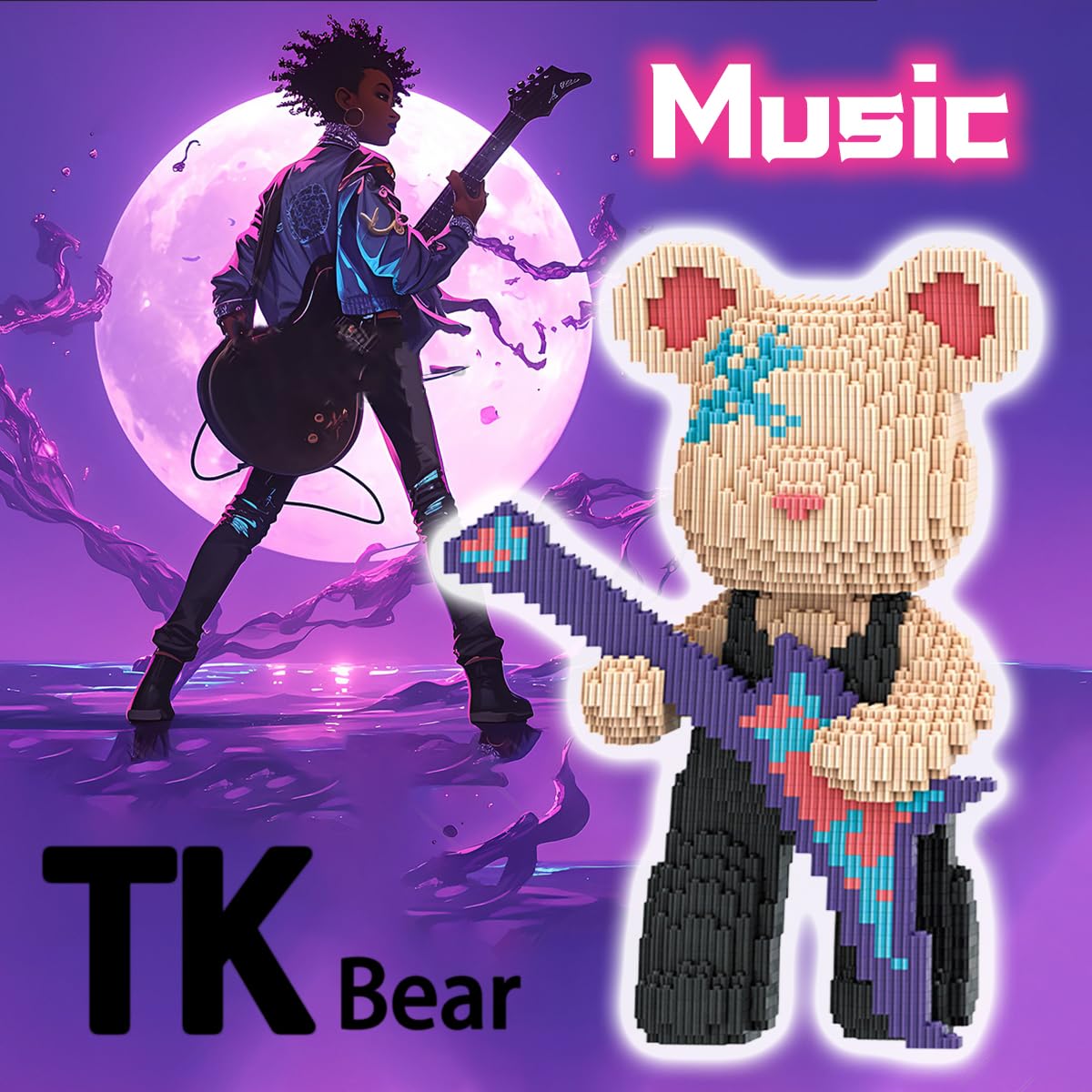 PUPULU TK Teddy Bear Micro Building Blocks Set(12.6 inches) Music Bear Building Brick Gift for Adult, Brown, Red, Blue - Image 2
