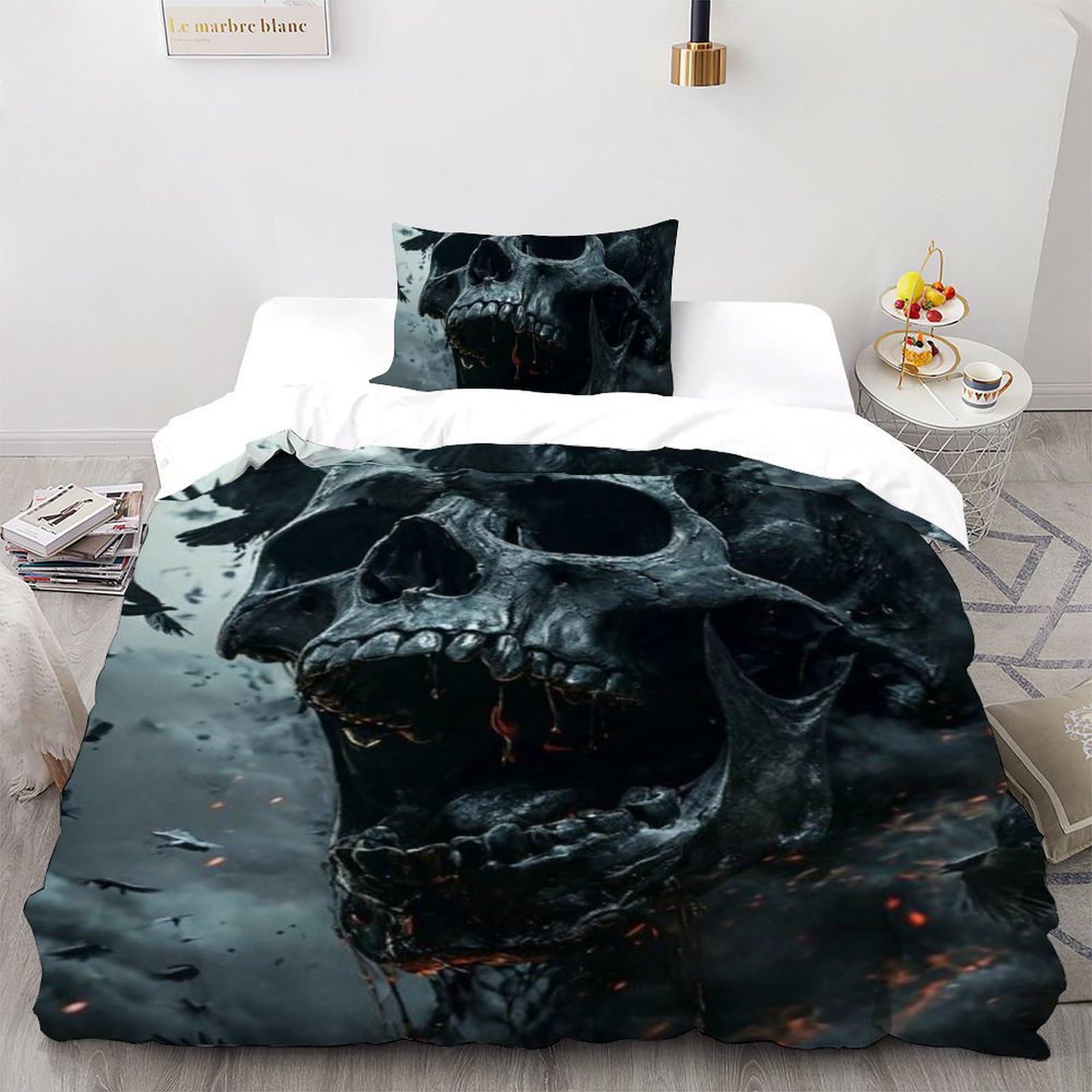 Parure de lit crâne microfibre noir 135x200cm housse de couette 1 personne et taie d'oreiller 3D
