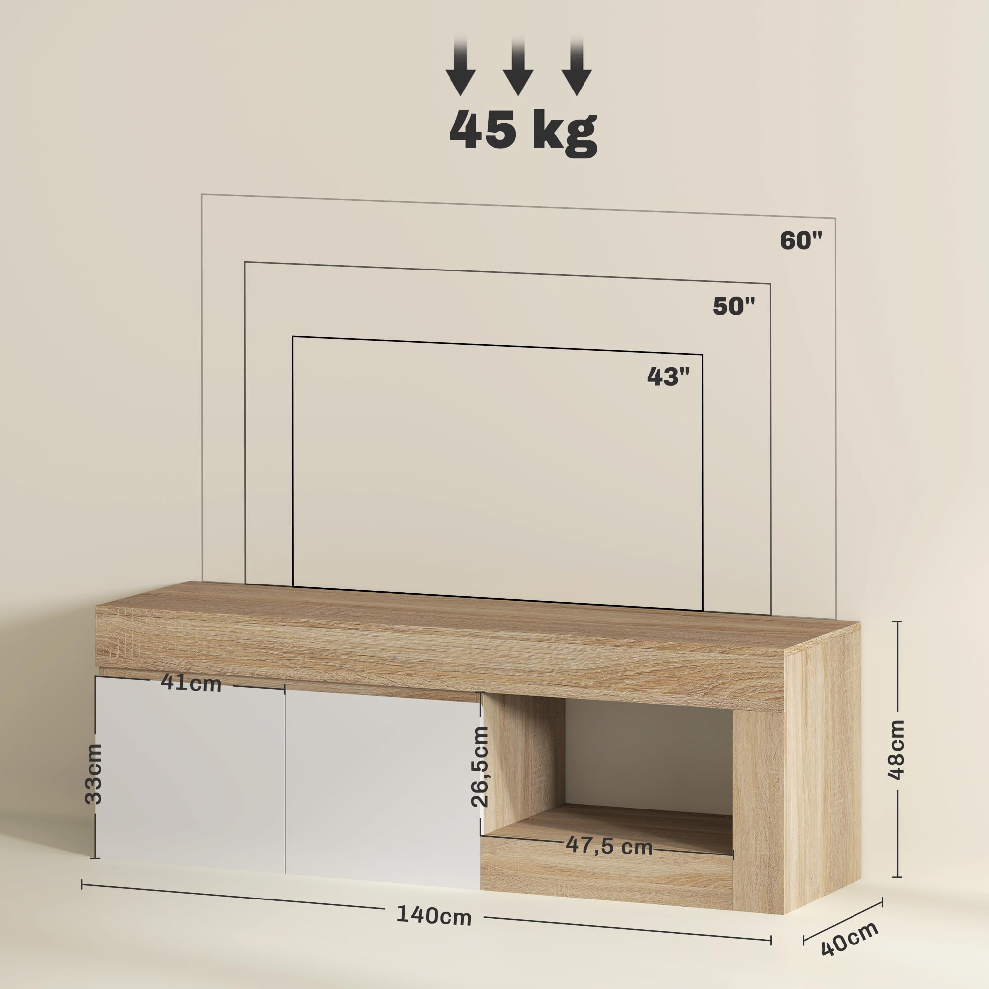 HOMCOM Meuble TV 140 cm, Meuble Télé pour Téléviseur jusqu'à 60 Pouces avec 2 Portes à Fermeture Douce et Compartiment Ouvert, Banc TV Moderne pour Salon, Chambre à Coucher, Effet Bois Naturel