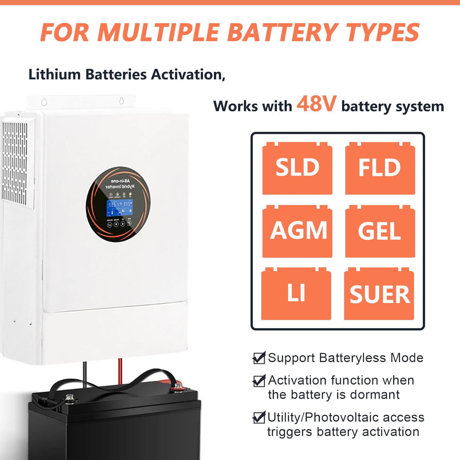 5500W Włącz/wyłącz Sieć Solar Hybrid Inverter Wbudowany 100A Kontroler ładowania DC 48V do AC 220V Czysta Fala Sinusoidalna Inwerter do Domowego Magazynowania Energii RV Shed Off-Grid