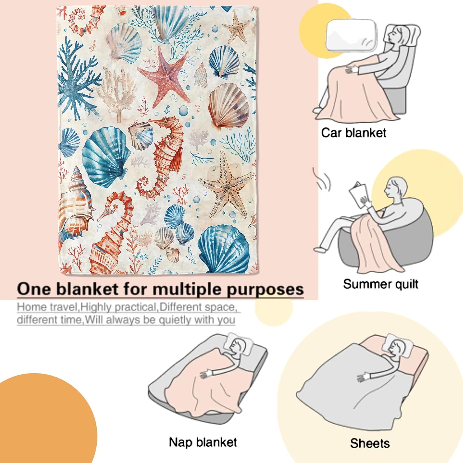 Ocean Blanket with Seashell,Seahorse,Coral and Starfish Throw Blankets Lightweight Flannel Throws for Camping Couch Chair Beach Bed Summer Home Decor Gifts for Adults,60x50inch - Image 3