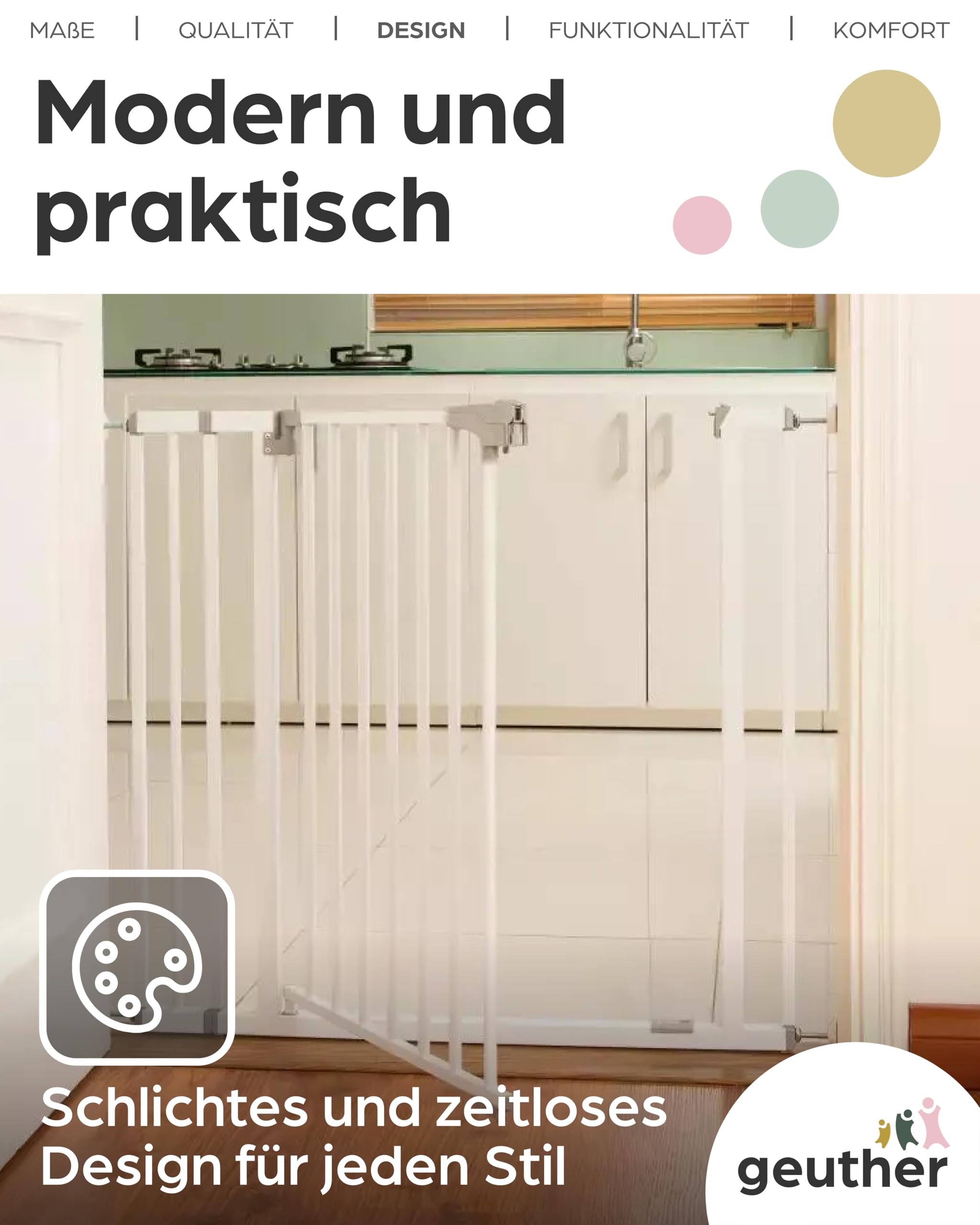 Geuther Türschutzgitter Yanis, 73–81,5 cm Weiß I Treppenschutzgitter ohne Bohren in Metall I Stabiles Babygitter I Sicheres Kinderschutzgitter, Hundegitter Wohnung & Treppengitter zum Klemmen