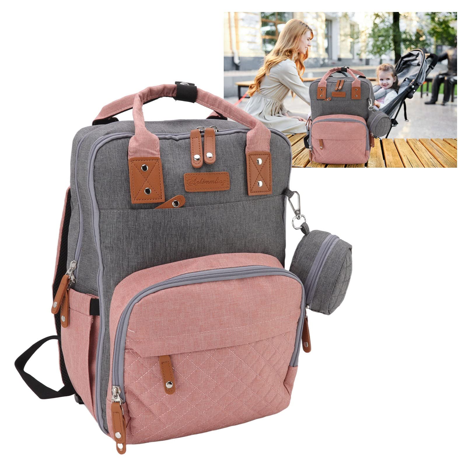 Wickeltaschen-Rucksack für Mama, bestickte Wickeltasche mit Kinderwagen-Aufhängung, 20 l großer Babyrucksack, Wasser-Oxford-Gewebe, USB-Ladeanschluss und isolierter Flaschenhalter