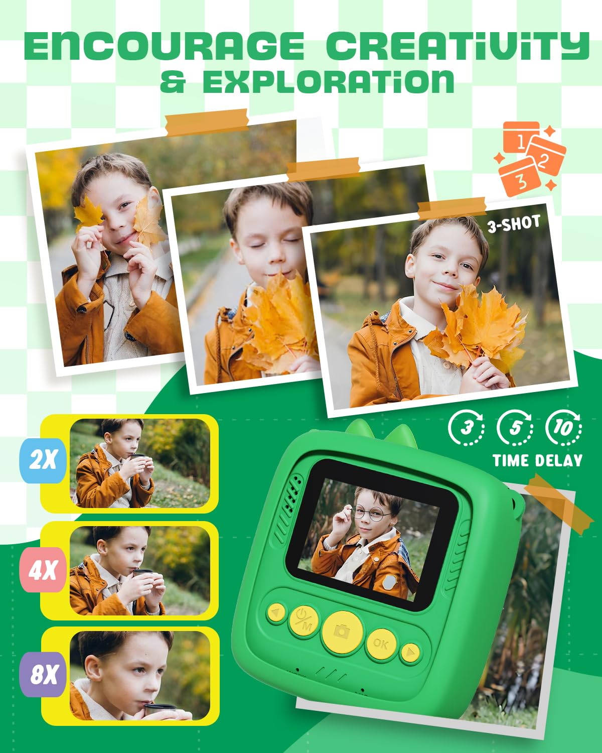 Cámara de impresión instantánea para niños y niñas, color verde