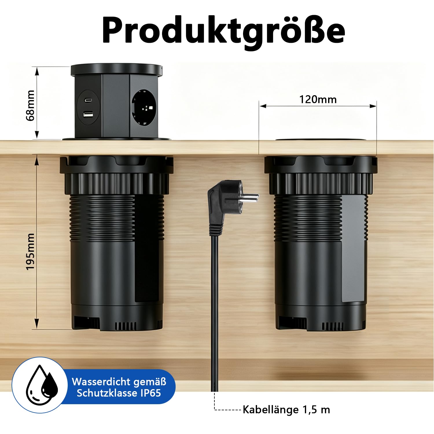 Versenkbare Steckdose, 2500W EU Versenkte Steckdose 3 Fach mit 15W Kabellosem Ladegerät & USB C & USB A & 1,5M Netzkabel, Tischsteckdose für Büro, Arbeitsplatte, Zuhause, Küche(Schwarz)