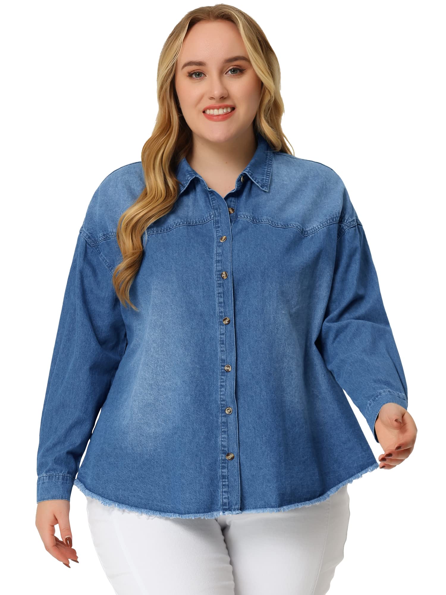 Agnes OrindaWomen's Plus Size Shirts Button Down Shirt Work Cotton Casual Denim Jackets Casual 2023