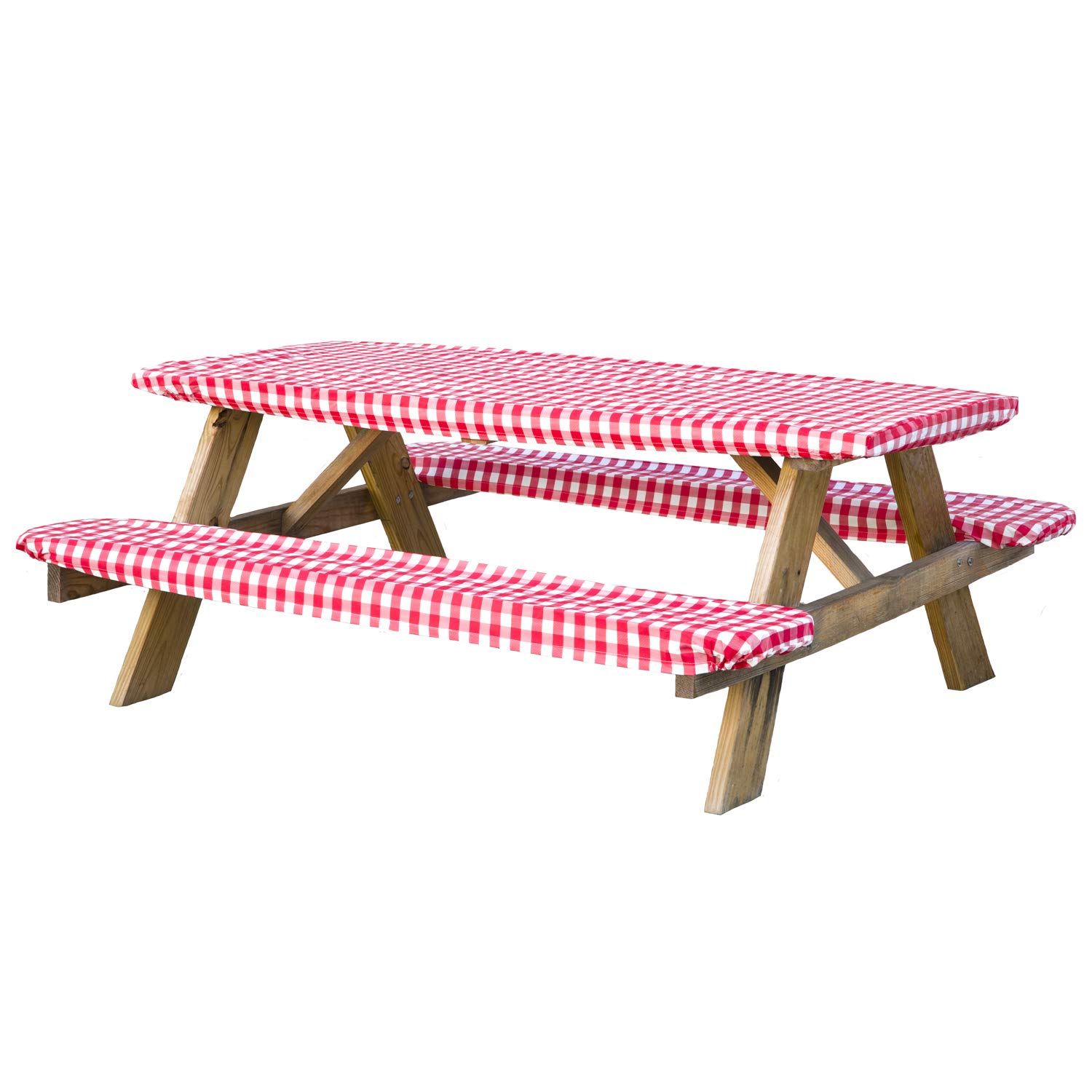 Houseables Picnic Table and Benches Cover, Fitted Tablecloth with Bench Covers, 72 x 28 , 3 Pieces, Red, White, 12 x 72 Vinyl, Elastic, Checkered, Waterproof, for Camping, Dining, Outdoor