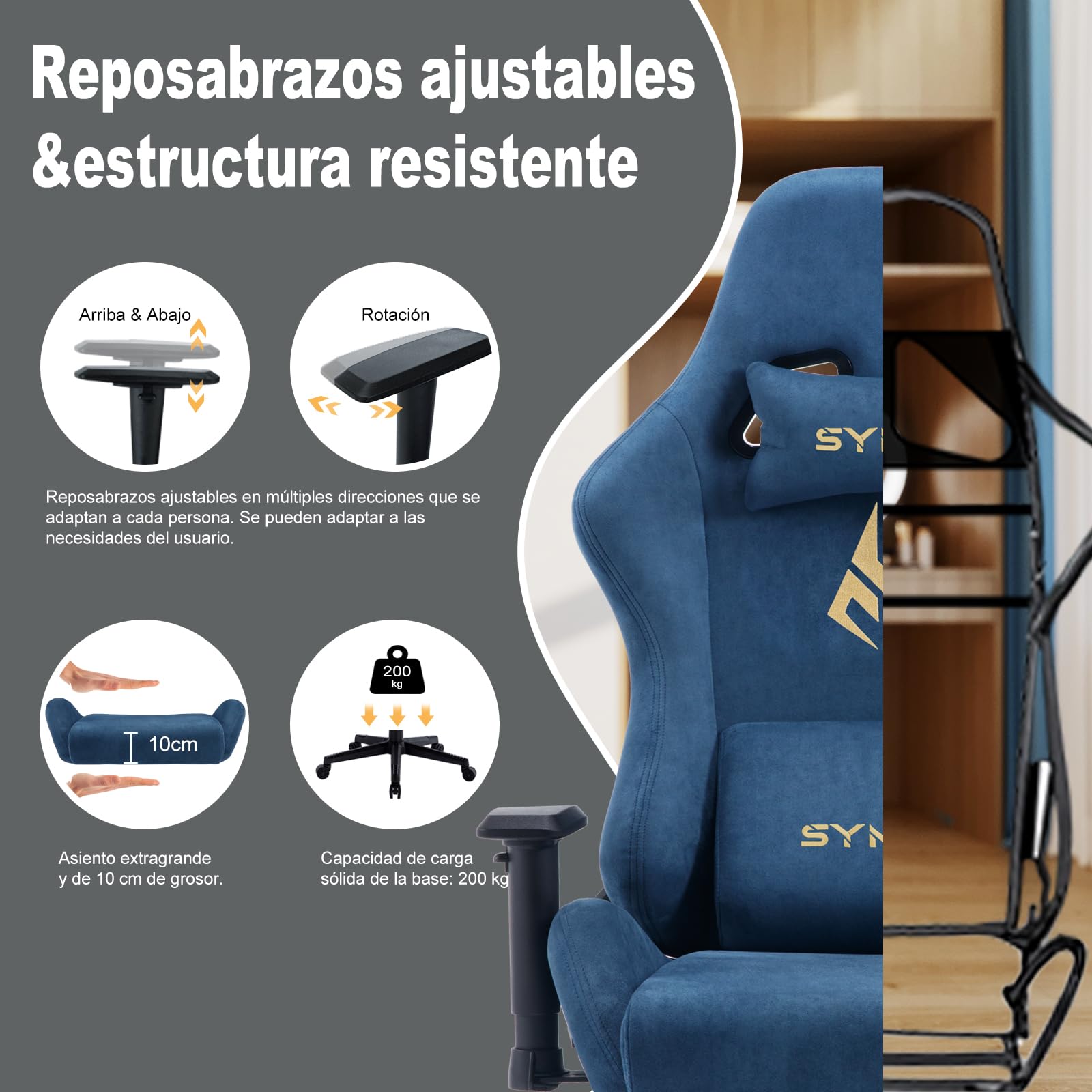 Symino Silla Gaming Ergonómica con Reposapiés, 150° Reclinable: Soporte Lumbar y Reposacabezas Regulable, Ajustable en Altura, Soporta hasta 200kg (Blue)