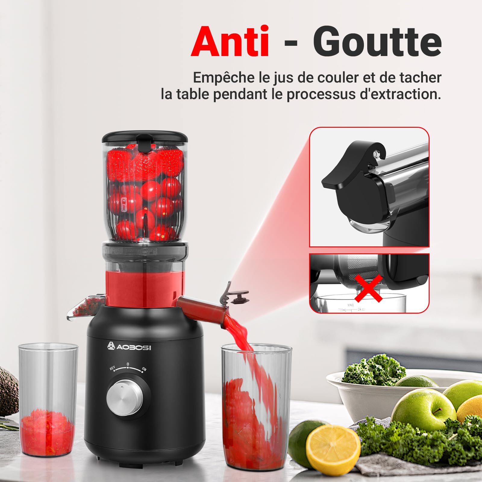 Slow Juicer-AOBOSI Extracteur de jus, 250 W, pour légumes et fruits, avec compartiment de remplissage de 103 mm et 2 filtres sans métal, presse-agrumes, électrique, avec 2 brevets, noir
