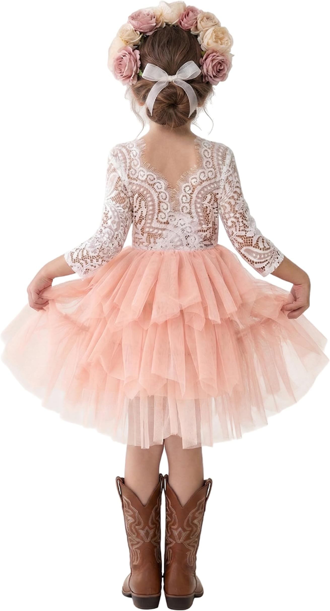 Girl Peony Lace Back A-Line Tiered Tutu Tulle Party Flower Girl Dress