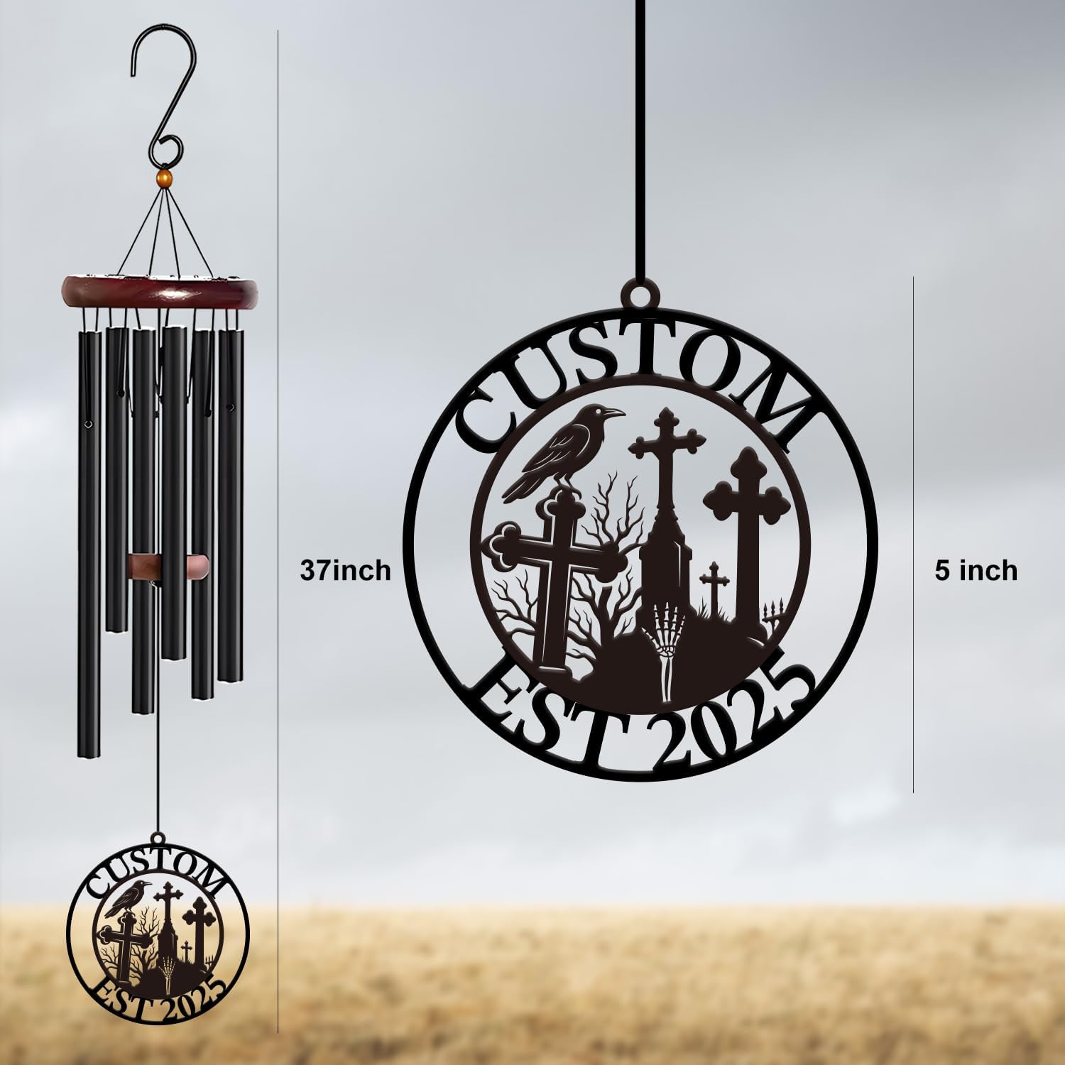 Personalized Customize Name Gothic Skull Wind Chime, Metal Iron 37 Inch Outdoor Memorial Gift for Garden Yard Patio Home Decor, Black (Style F)