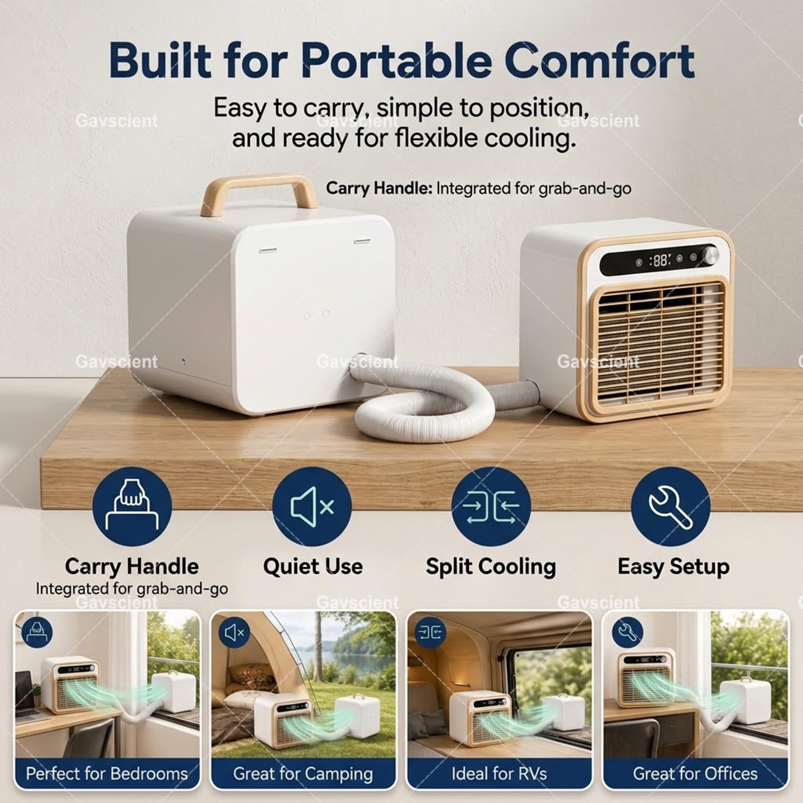 Aire Acondicionado de Doble Manguera 5000 BTU, Enfriador Portátil Split Silencioso para Caravana Camión, Unidad de Camping Ligera 15kg, Temporizador 2m-WirelessVersion