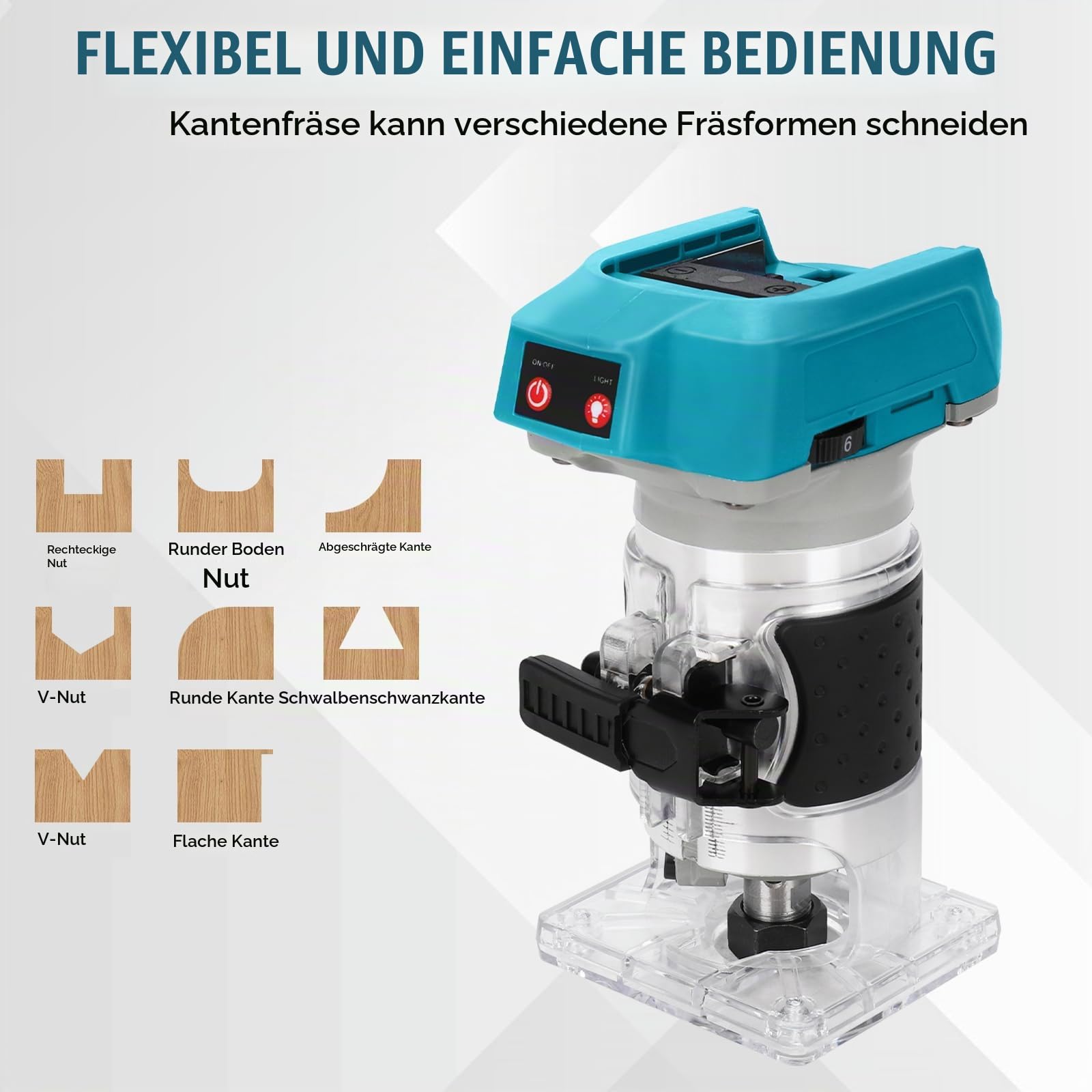 Akku Oberfräse für Makita 18V Akku, 1300W Oberfräse Trimmer Einhandfräse, Bürstenloser Motor, Elektrischer Handschneider Holzlaminator Palm Router, 6,35 mm (ohne Akku)
