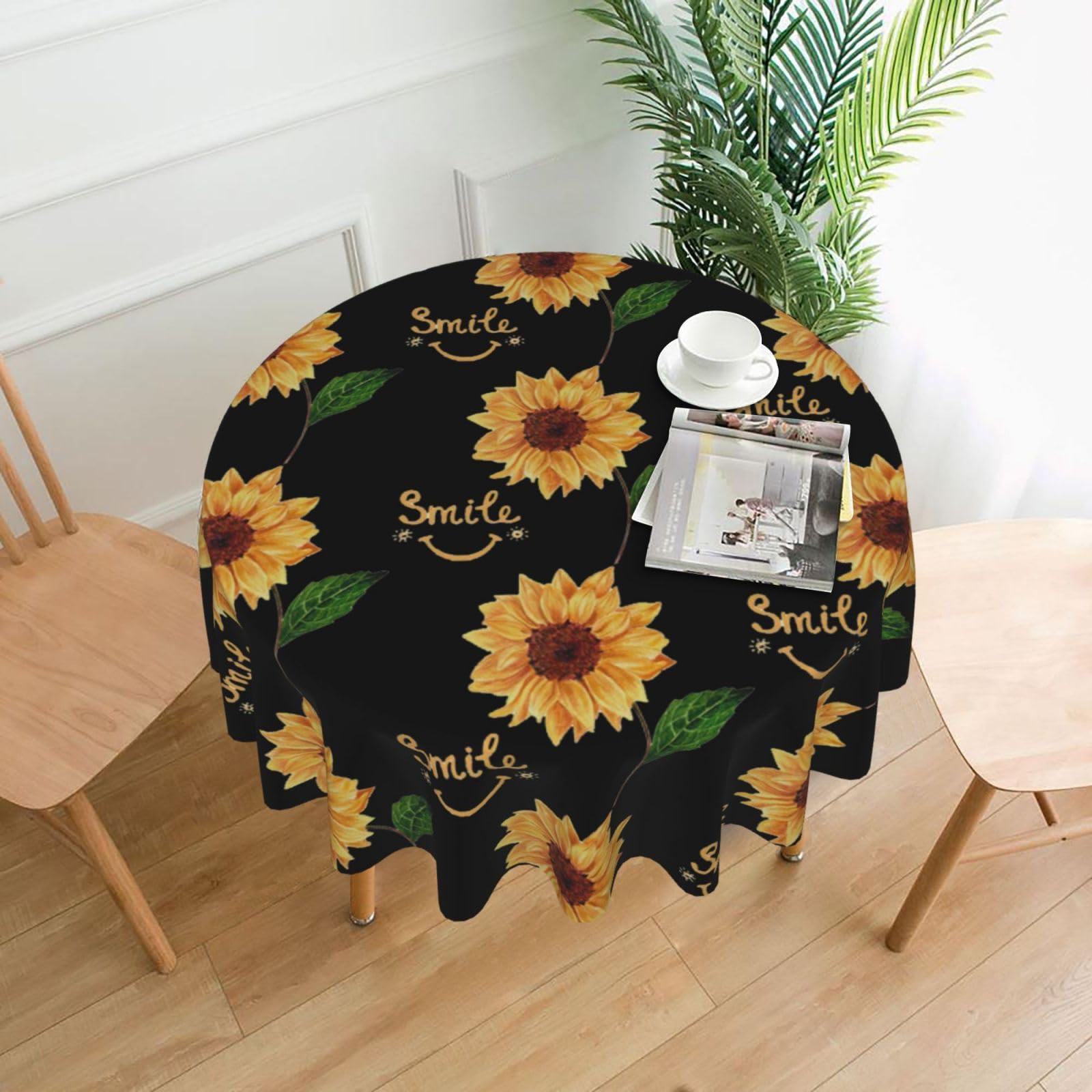 VCzsdff Smile Face Sunflower Print Stain Resistant Round Tablecloth 60in Family Friendly Polyester Cloth for Kids Meals