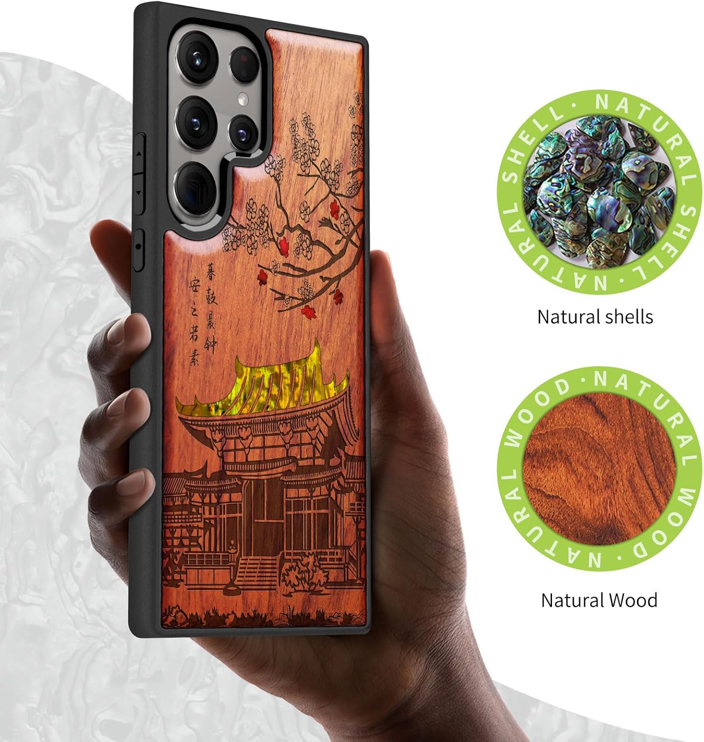 Carveit Designer Wooden Case for Samsung Galaxy S24 Ultra [Wood Engraving & Shell Inlay] Compatible with Wireless Chargers S24 Ultra Cover (Temple-Rosy)