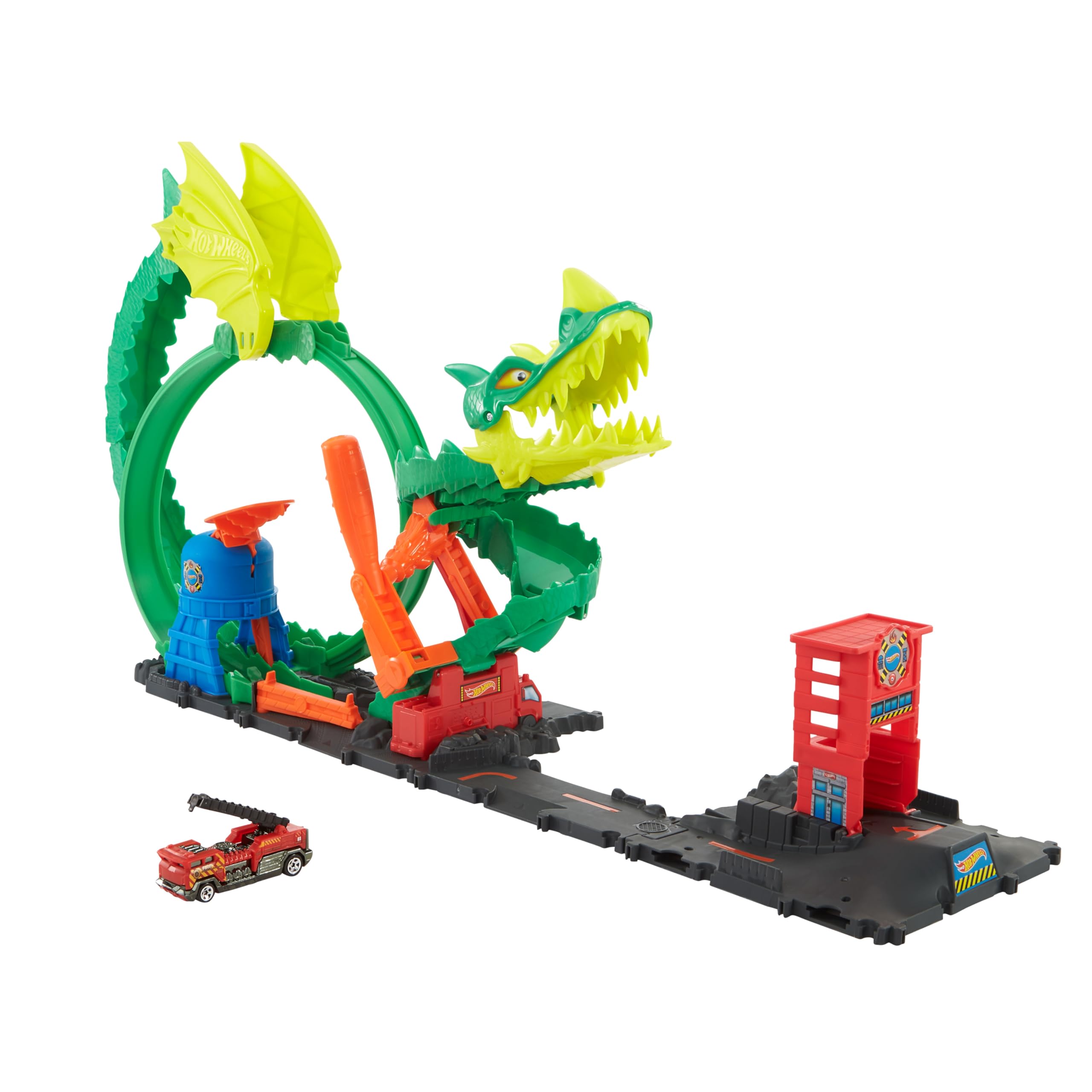 Hot Wheels-Dragone di Fuoco con 1 Veicolo Die-Cast Incluso e Stazione dei Pompieri, Giocattolo per Bambini 5+ Anni, HDP03