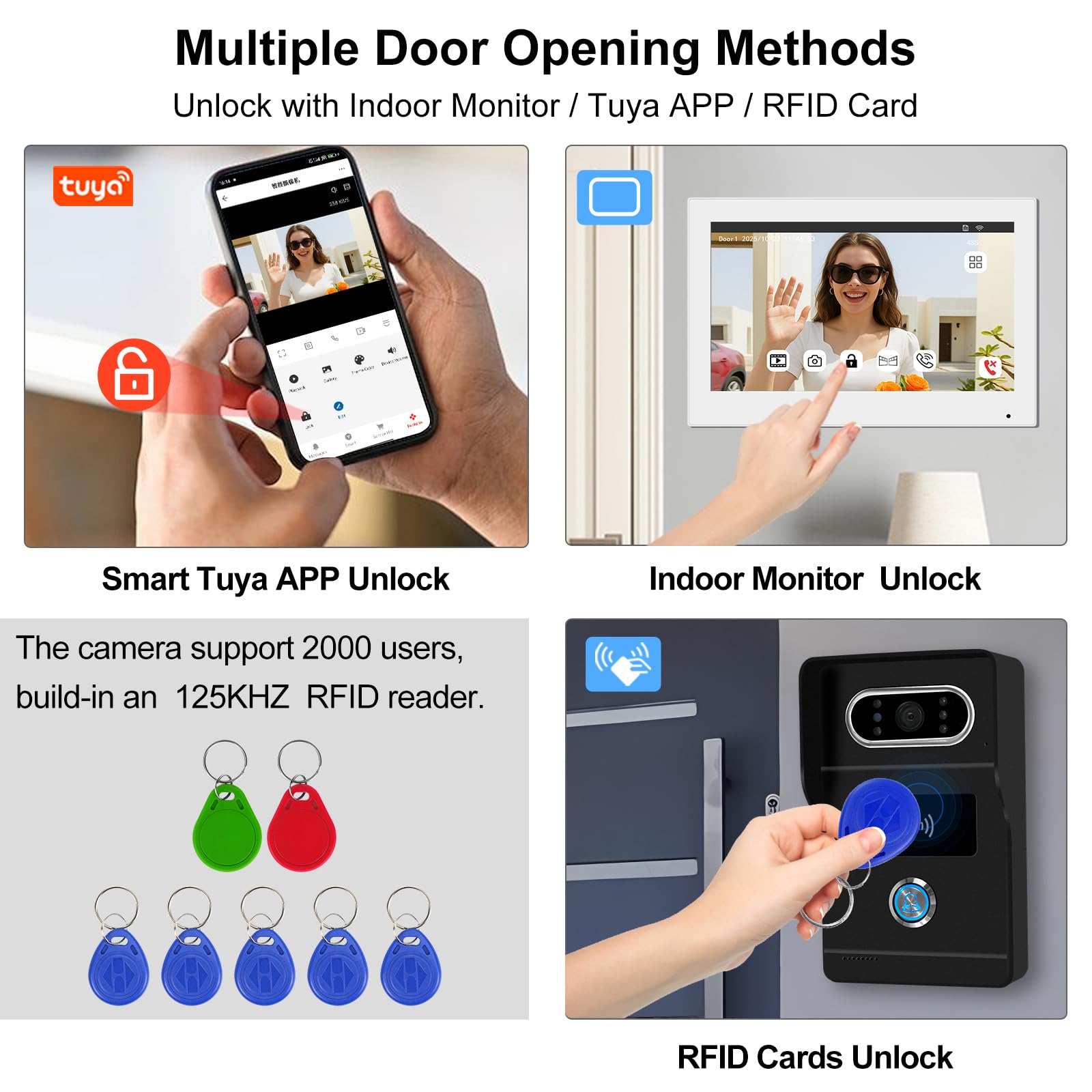 Videoportero WiFi Sistema de Intercomunicación 1080P, 7'' Monitor Táctil a Color,Timbre Video Mirilla 2 Hilos,Sblocco con Scheda RFID/APP Tuya,Audio Bidireccional,2,4GHz