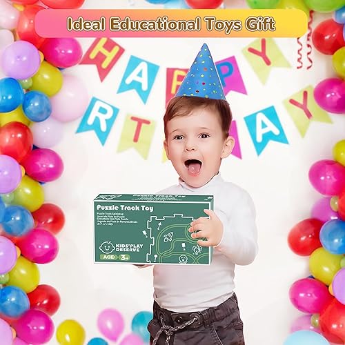 Miniatura 48 de Rompecabezas de piso de plástico para niños con 2 vehículos lindos, juego de pistas de autos para niños, juguetes Montessori para niños de 3, 4, 5