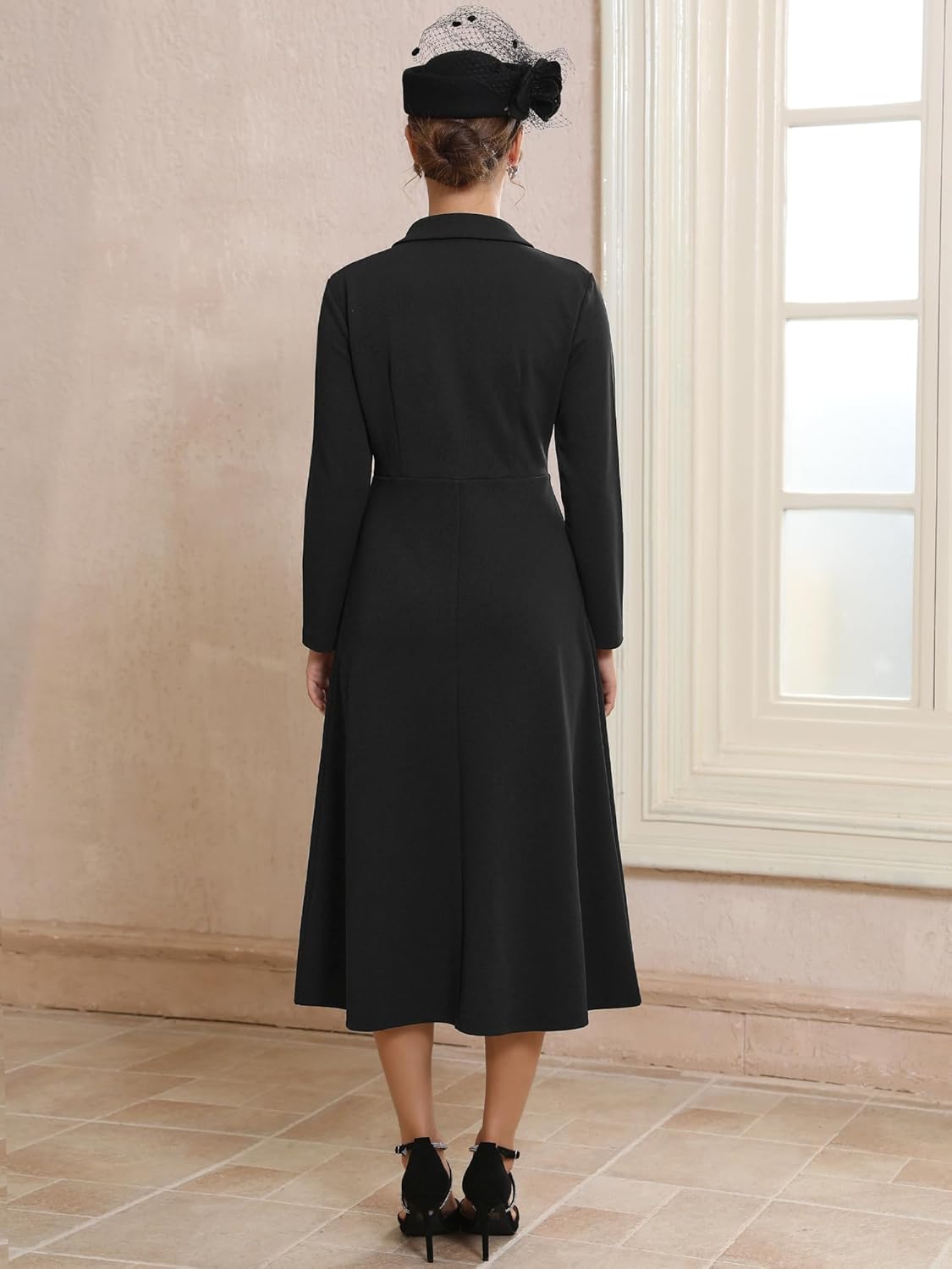 WOMLAYOUT Women's Blazer Dresses with Brooch Collared V Neck Long Sleeve A-Line Formal Work Dress - Image 4