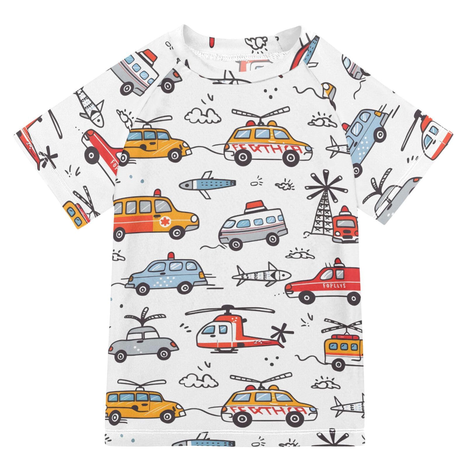 ALAZA Kids Rash Guard Toddler Swim Shirt Boy Girls Car Vehicle UPF 50+ Short Sleeve 4T