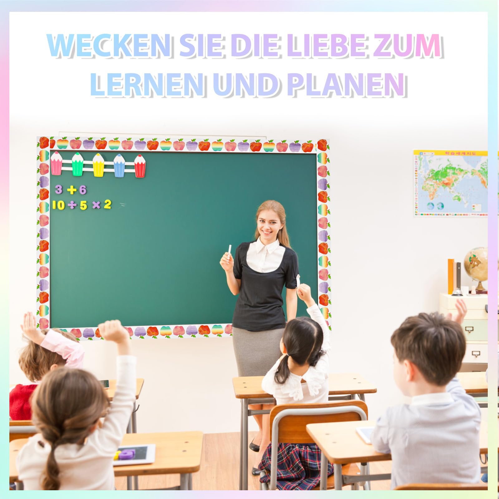 6 Rollen 66 m Pinnwandbordüren Aufkleber, Pflanzen Apfel Smiley Blumen-Pinnwand-Rand 6 Designs für Klassenzimmer, Tür, Fenster, Tafel, Whiteboard, Wand, Babyparty oder andere Partydekoration