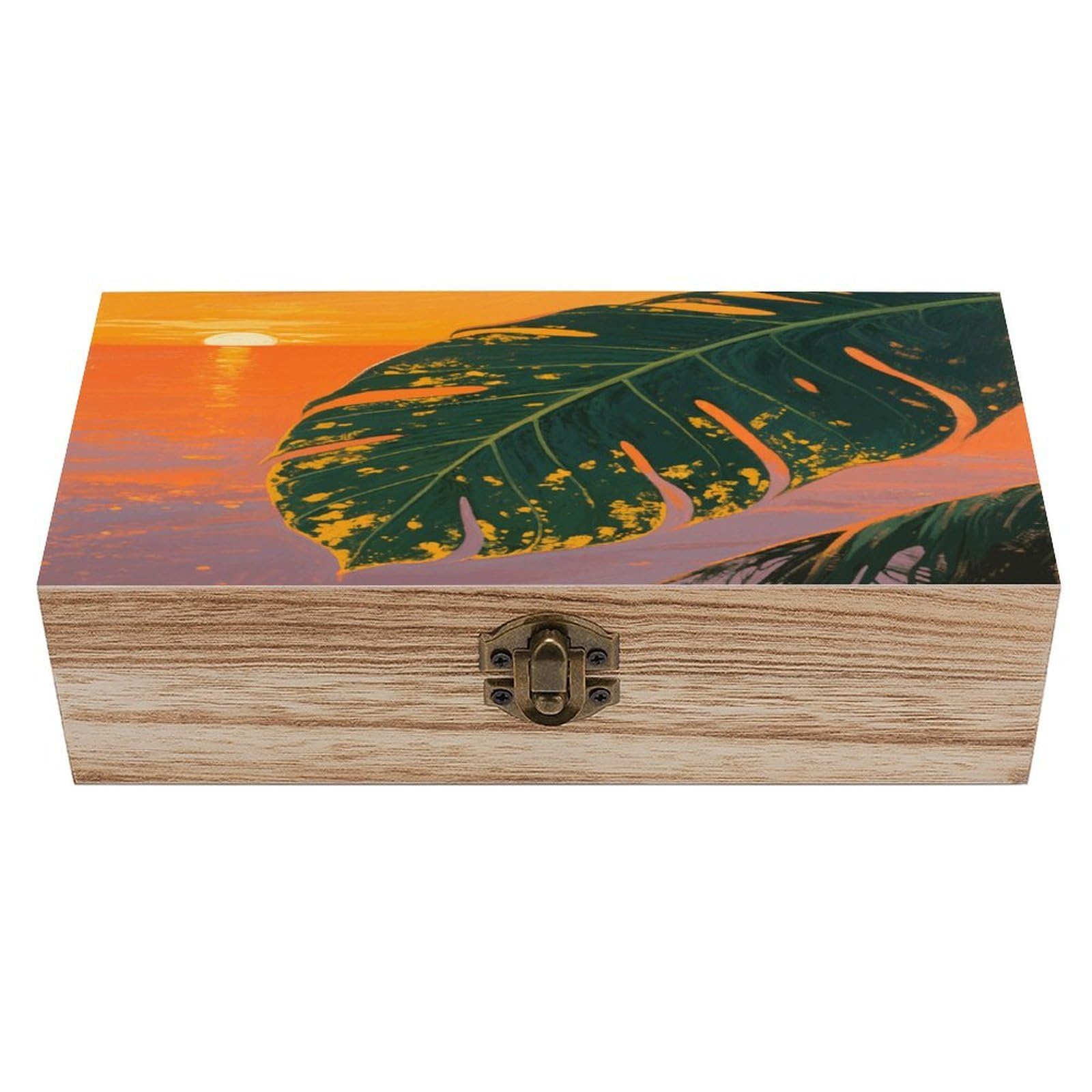 VstaDank Tropical Palm Leaves Wooden Storage Box Decorative Jewelry Case with Lids Exquisite Wood Box Letters Gifts Acacia Wood Boxes Fashion Wooden Keepsake Boxes for Men Women