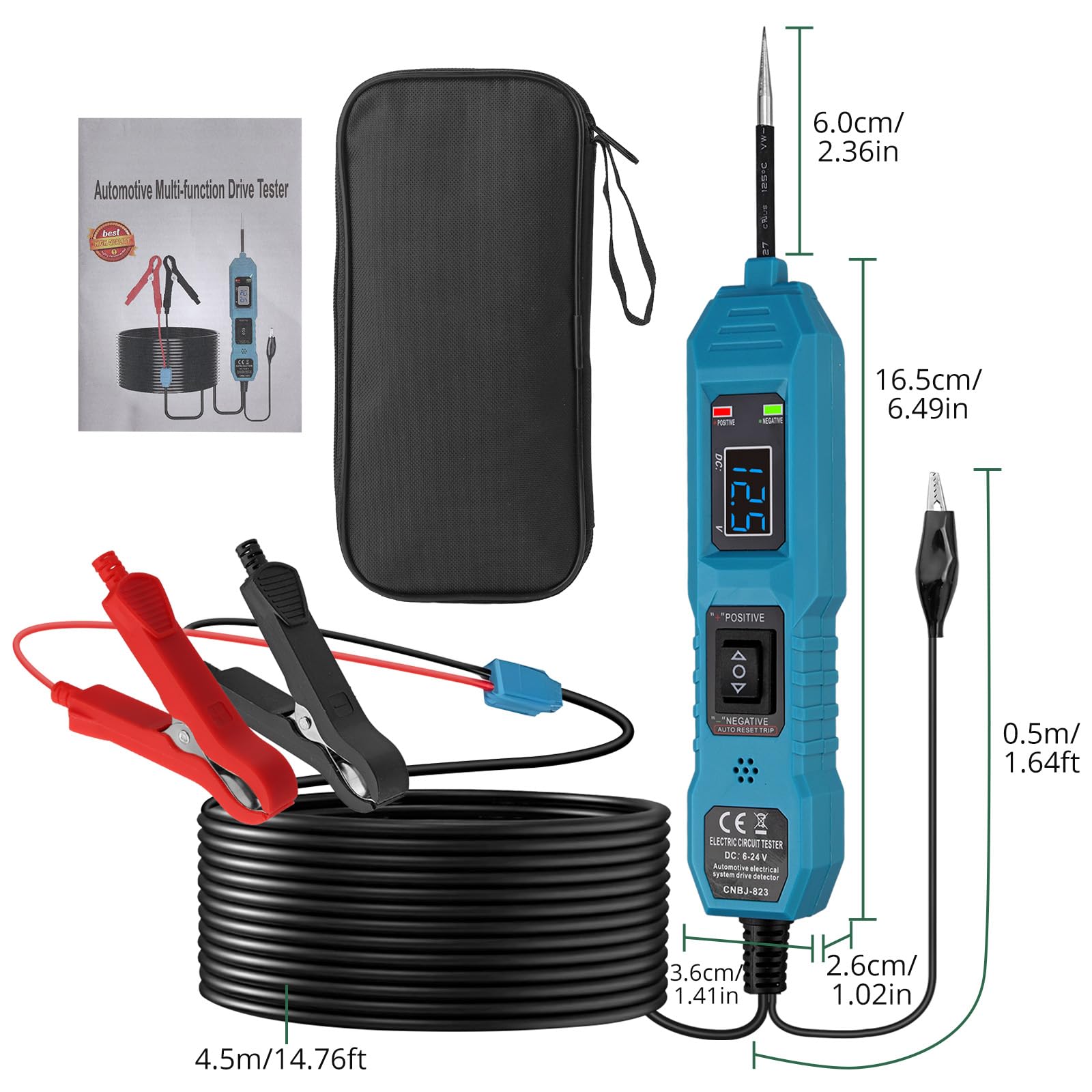 EYPINS 6-36V Probador de Circuitos Automotriz, Comprobador de Corriente y Fusibles Coche con Pinzas de Cocodrilo,2 LED y Bolsa de Transporte, Pantalla LCD, Cable 4.5m para Taller y Mecánicos