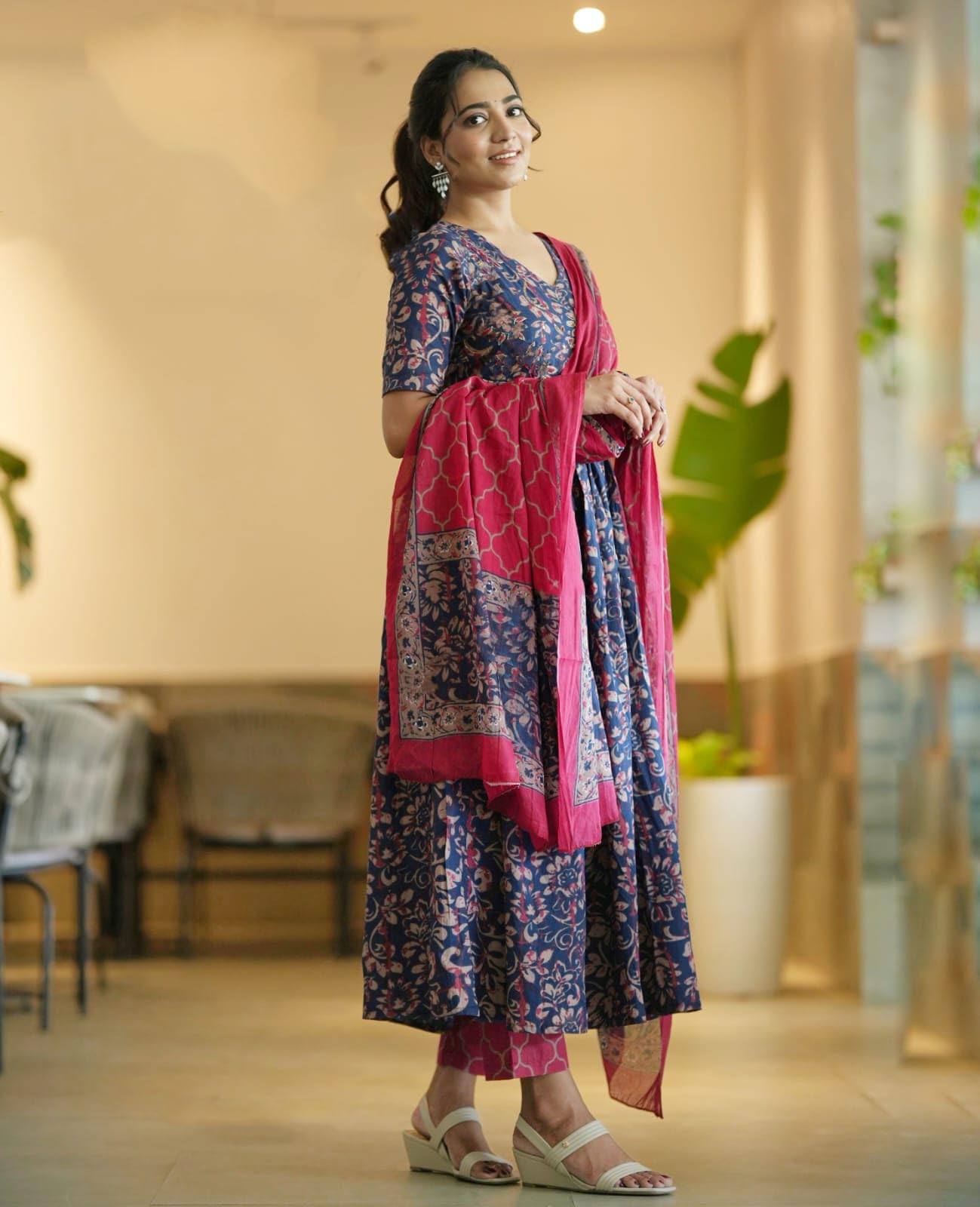 Nermosa Women Printed Anarkali Kurta and Pant Set with Dupatta (in, Alpha, S, Blue) 3