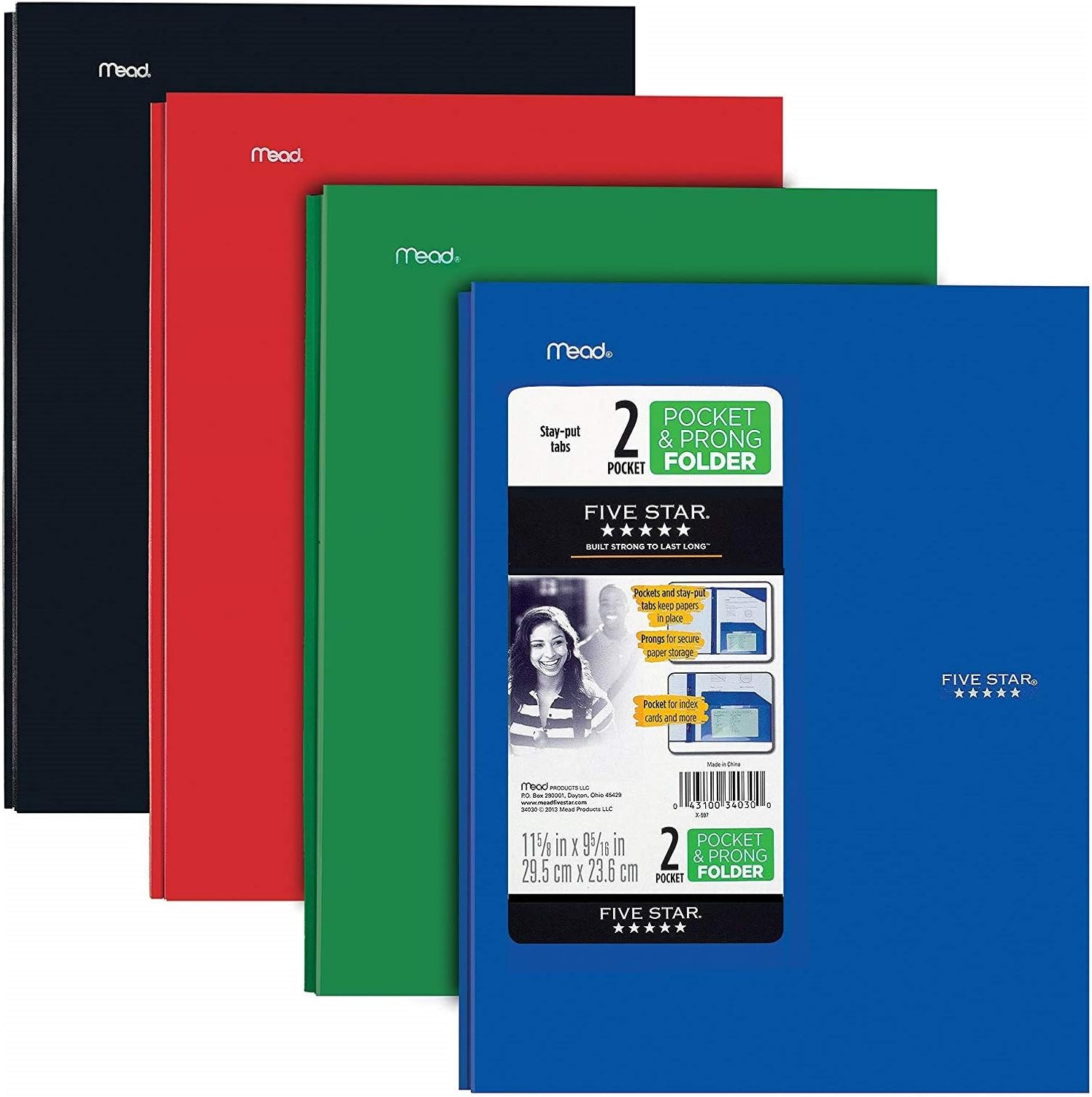 Five Star 4pk 2-Pocket Folders w Stay-Put Tabs Prong Fasteners