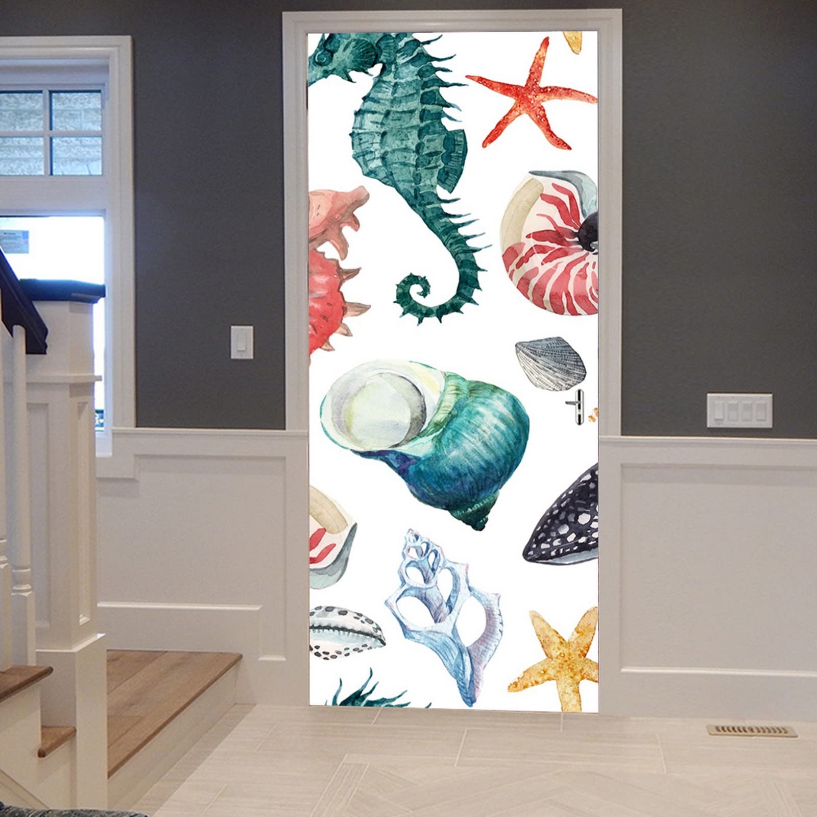 A.Monamour Türtapete Selbstklebend Türfolie Türposter 3D Wasserfarbenes Meeresmuster Mit Muscheln Rotem Seestern Seepferdchen Vinyl Folie Türdeko Tapete Wandbild Türaufkleber Türtattoo 90x200cm