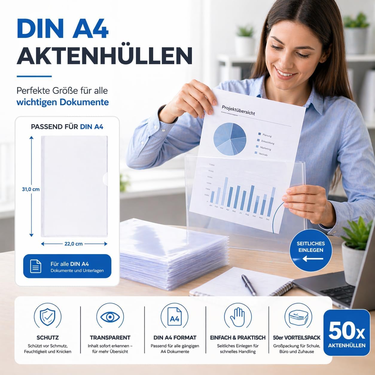 Aktenhüllen A4 - transparent - seitlich offen & glasklar - Klarsichthüllen für Dokumente - Klarsichtfolien dokumentenecht (500x)