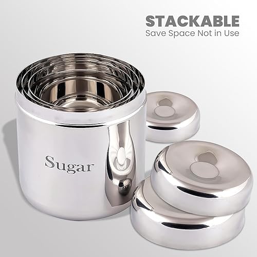 Miniatura 5 de Qimacplus Juego de 3 recipientes de cocina para alimentos, azúcar, café, té, dulces, con tapa, de acero inoxidable, herméticos e impresos